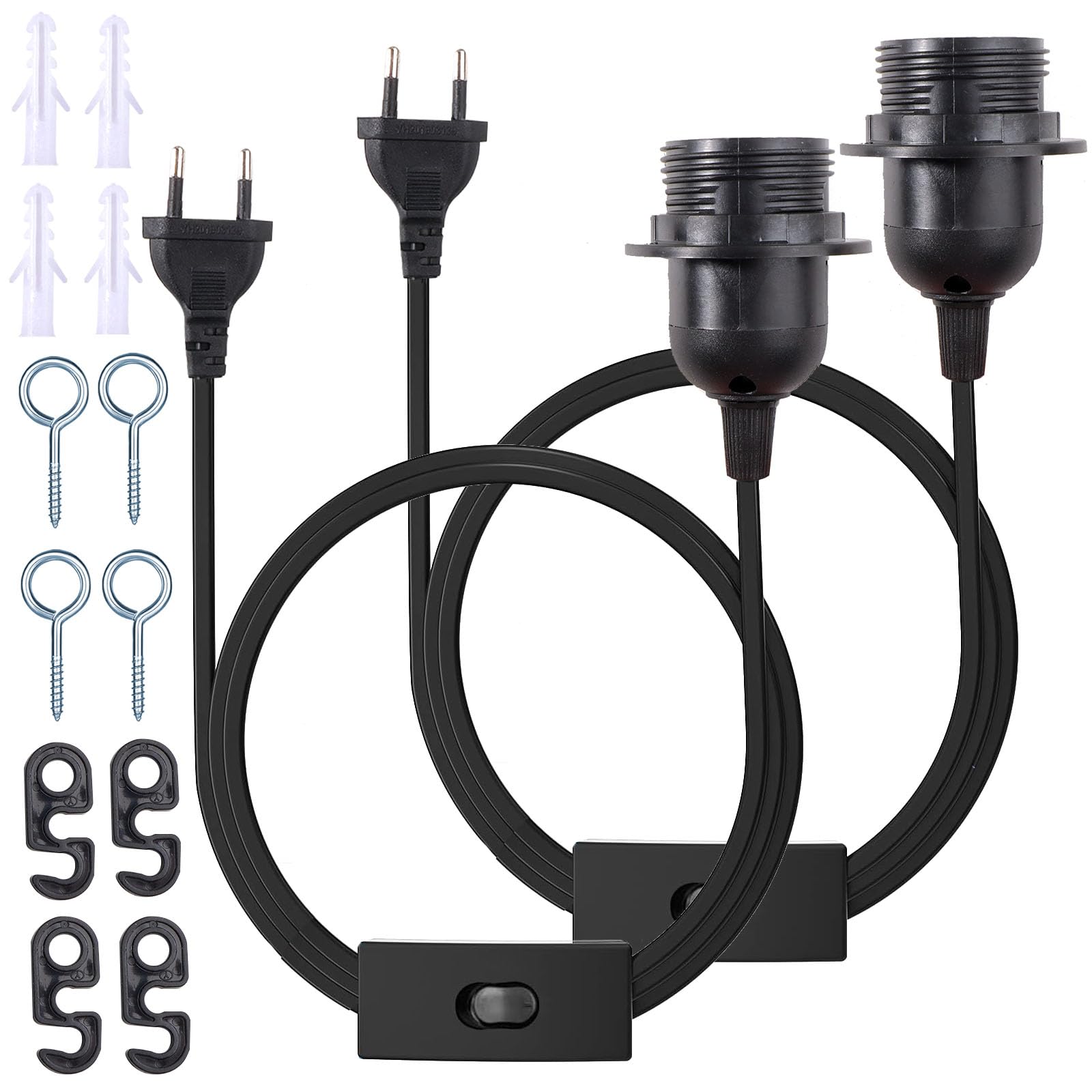 2 Piezas Portalámparas E27 con Cable Casquillo con Interruptor y Cable de 5m Portalámpara E27 con Arandela Roscada e Anillo de Rosca Porta Lampara para Candelabro Colgante