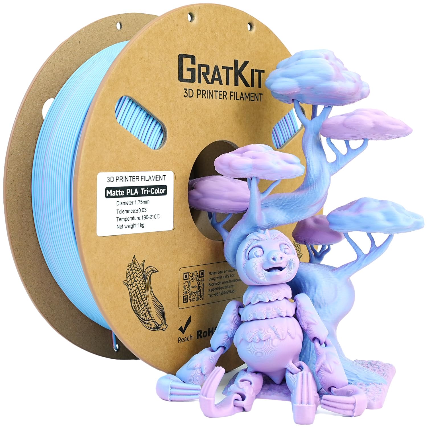 Gratkit Matte Tri-Color PLA Filament,Coextrusion PLA Filament 1.75mm, +/-0.03mm, 1KG/Roll, High Speed Matte PLA,Rose Ouartz