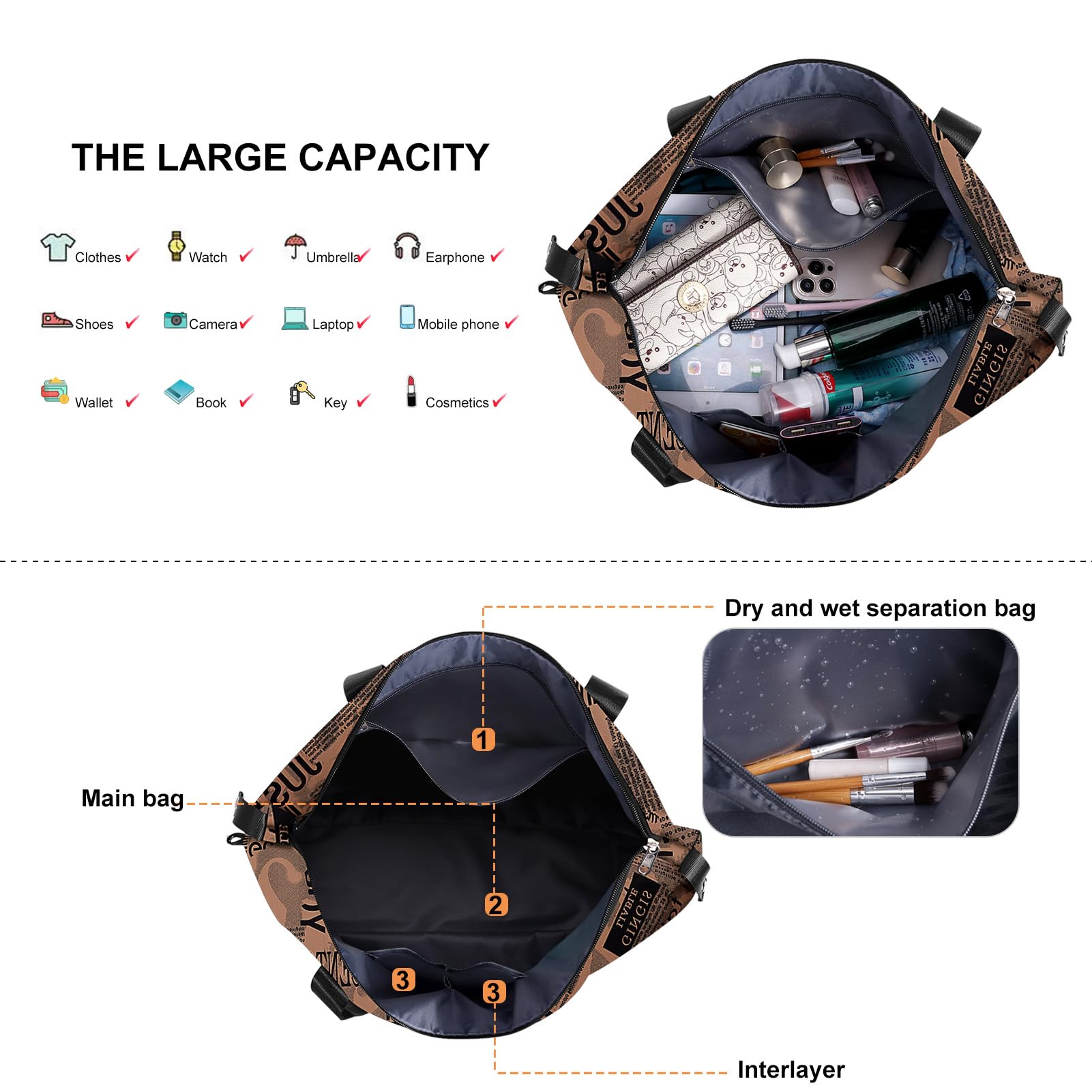 HUA ANGEL Donna Borsa da Viaggio Leggero Sportiva Borsa da Palestra Impermeabile Tote da Palestra con Tasca di Separazione Bagnato e Secco per Viaggi Yoga Palestra Allenamento Nuoto