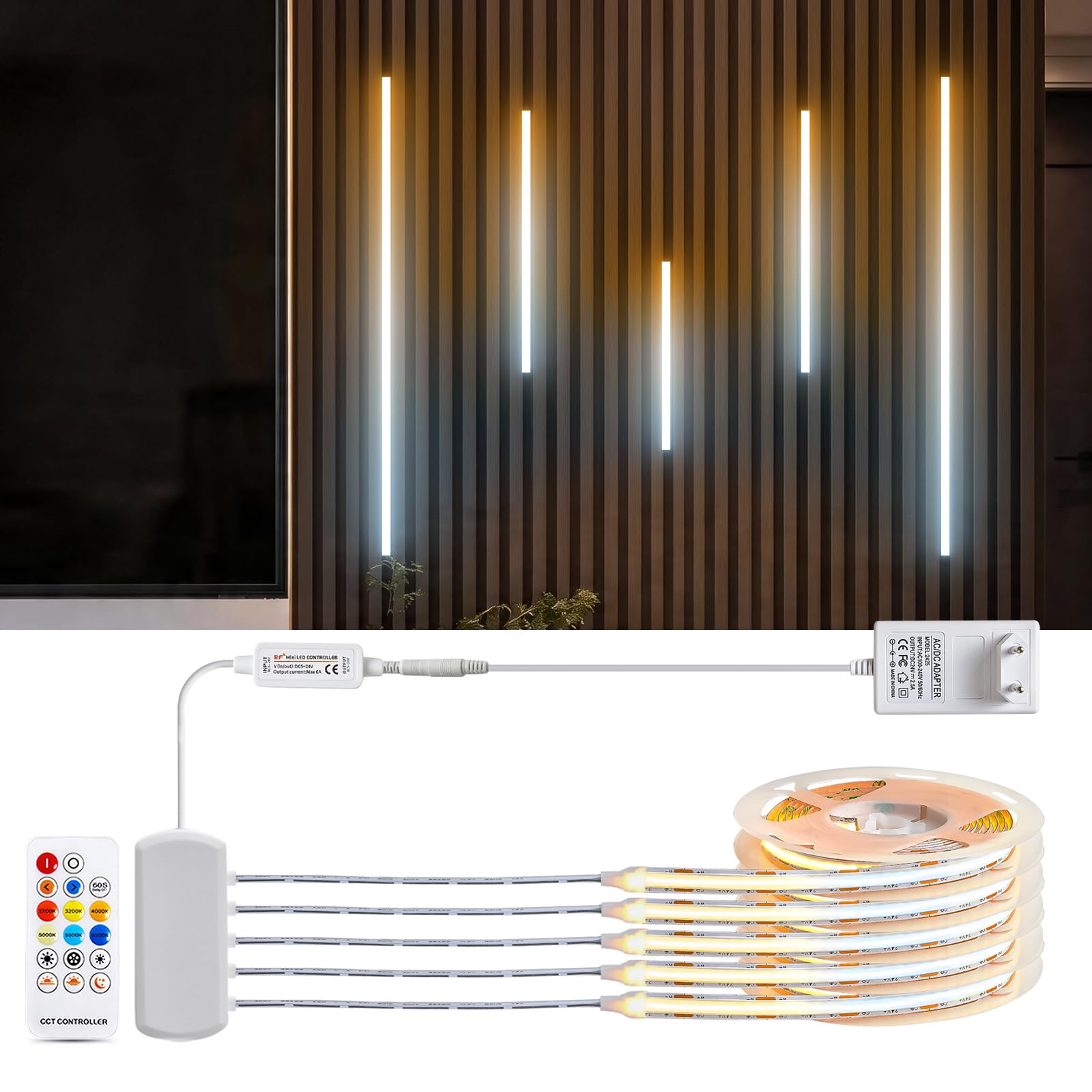 LRGBST 24V 10M CCT COB tiras led con kit de control remoto, 5 rollos x 2M 2700K tiras de COB blancas cálidas-6500K para la iluminación de los paneles acústicos de la vitrina del gabinete