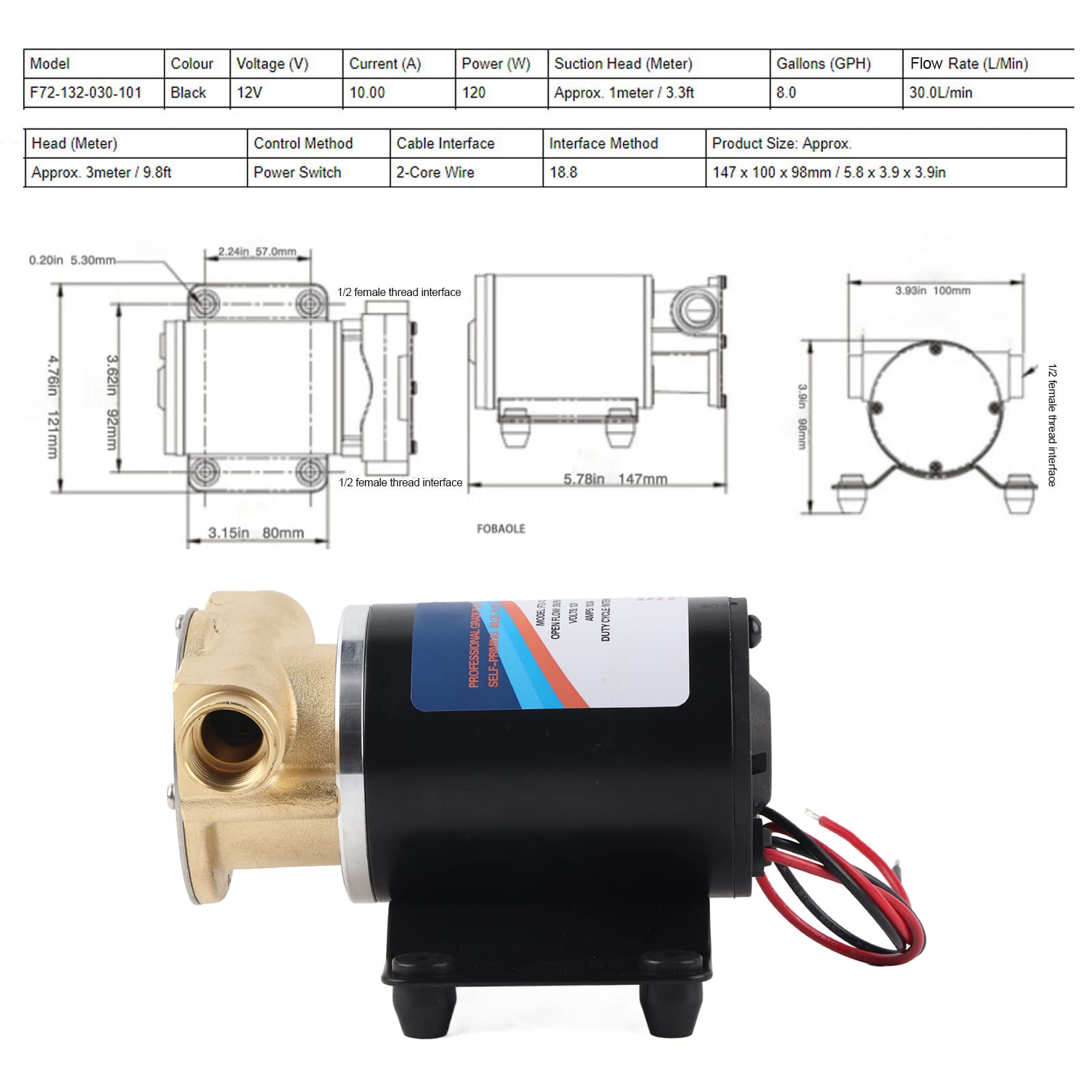 Hyuduo Bomba de Drenaje Bomba de Achique Centrífuga Autocebante de Plástico de Ingeniería 24V 8GPM 30L Min Elevación para Yate Lavado de Autos Jardín Pulverización Transferencia de Agua