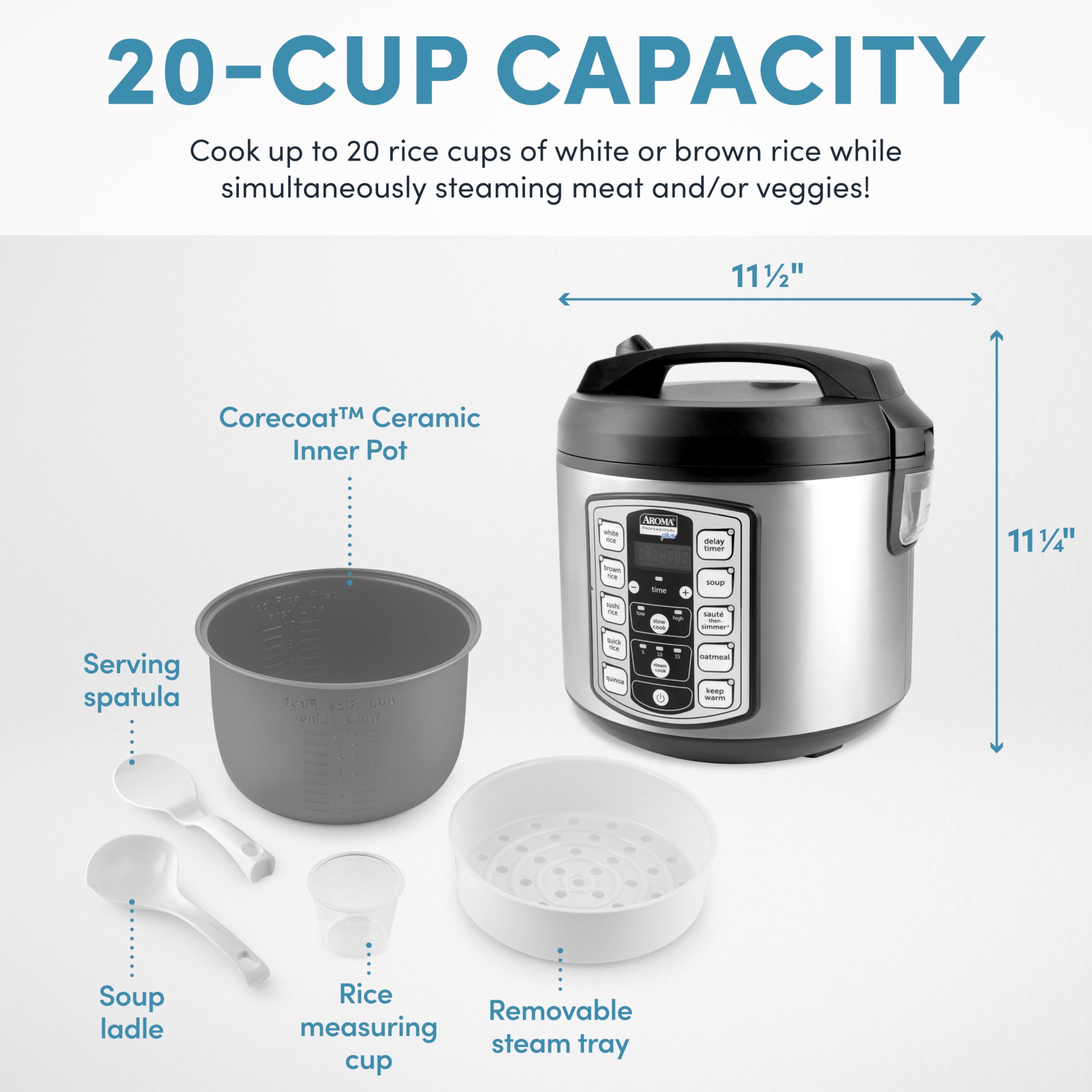 Aroma Housewares ARC-5000SB Digital Rice, Food Steamer, Slow, Grain Cooker, Stainless Exterior/Nonstick Pot, 10-cup uncooked/20-cup cooked/4QT, Silver, Black