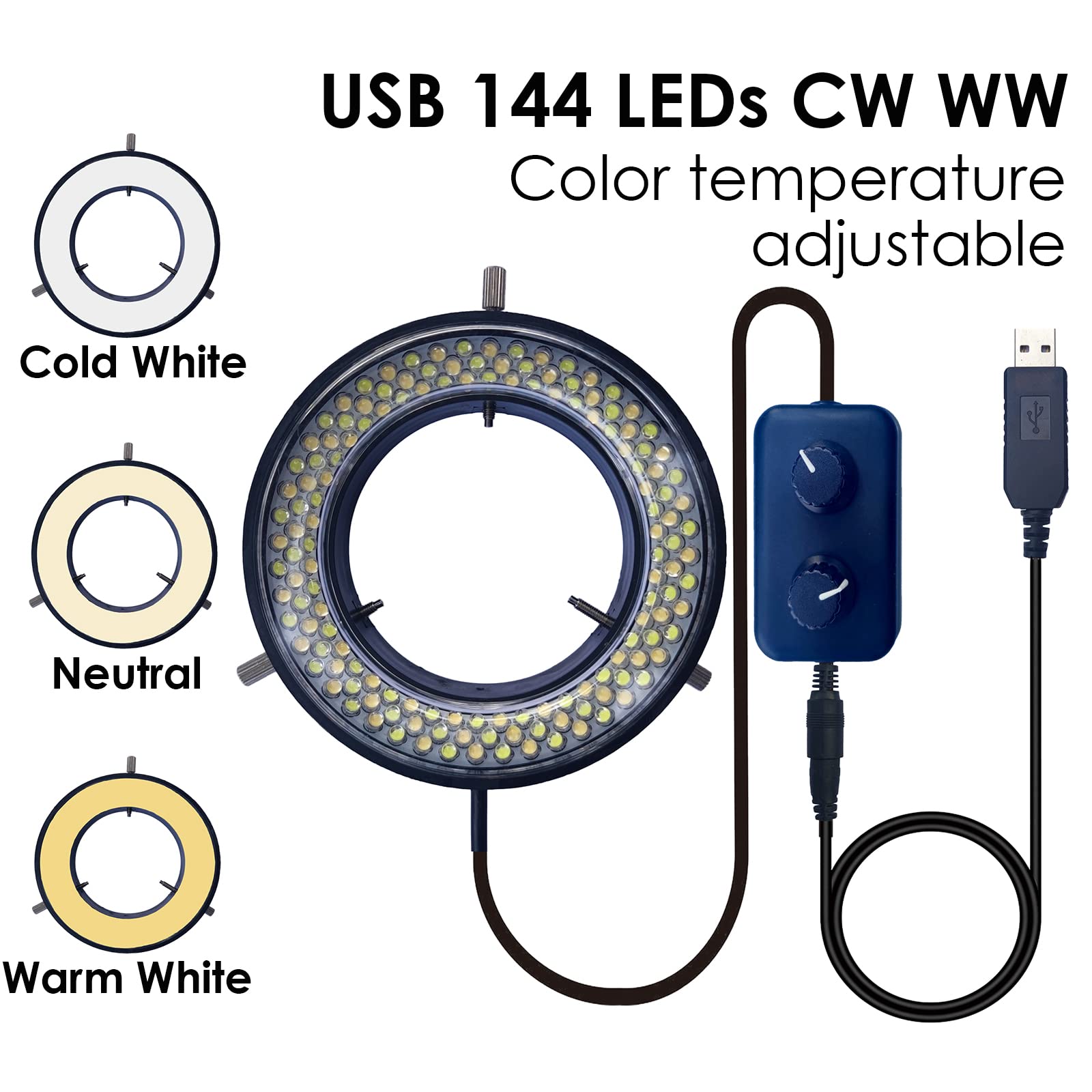 Lichtmikroskop, LED-Ringbeleuchtung, USB-Farbtemperatur, einstellbar, 144 LEDs, Ringlicht für elektronische Industrie, monokulares Fernglas, Stereo-Mikroskop und Kamera
