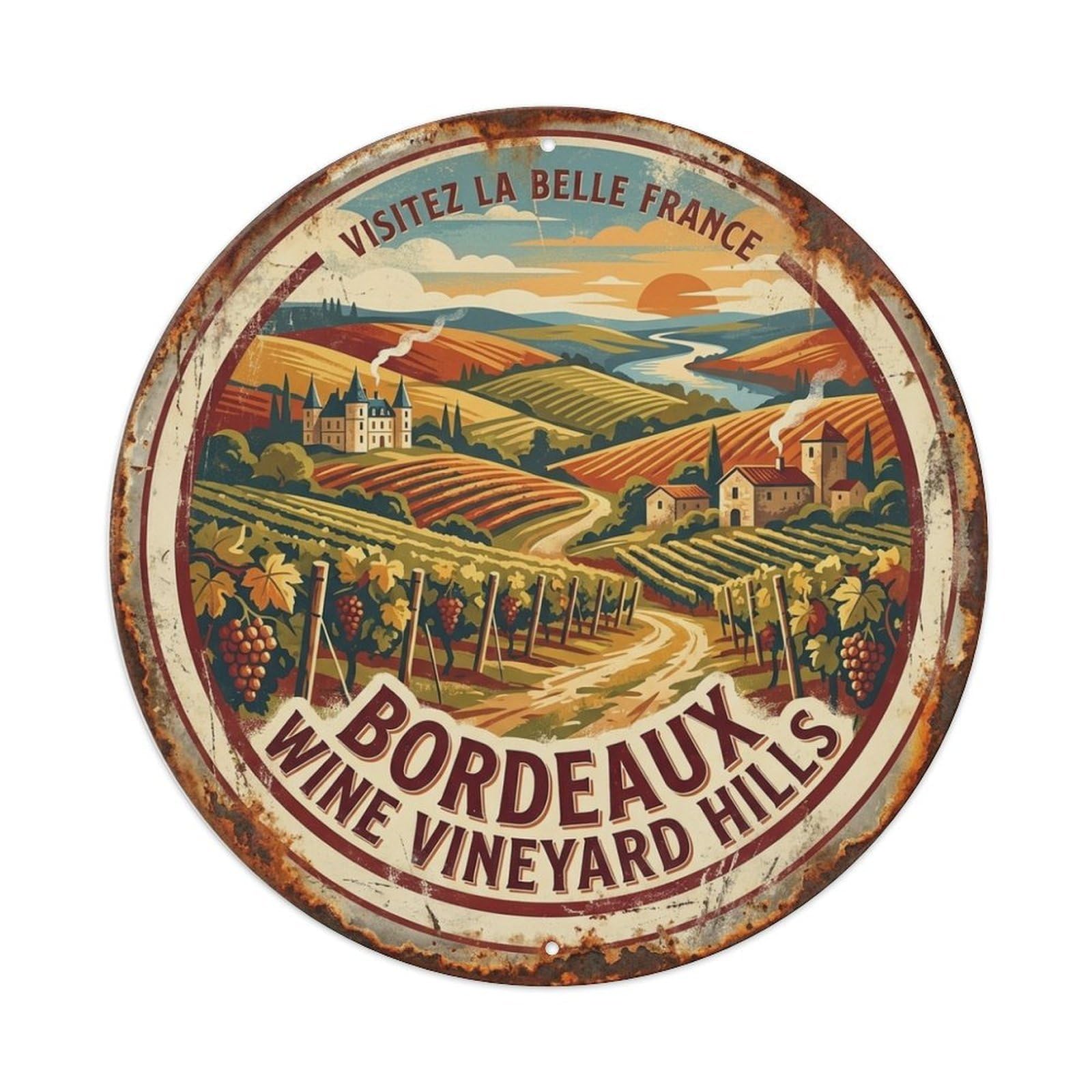 Vintage Wine Vineyard Hills Bordeaux France Travel Metal Tin Sign