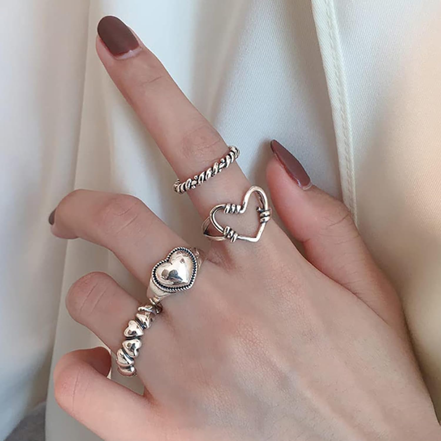 LOVECOM 925 Sterling Silver Love Heart Rings For Women Retro Love Heart Adjustable Finger Stacking Ring Vintage Open Promise Ring for Her Jewelry Birthday Gifts for Mom Daughter Friend - Image 6