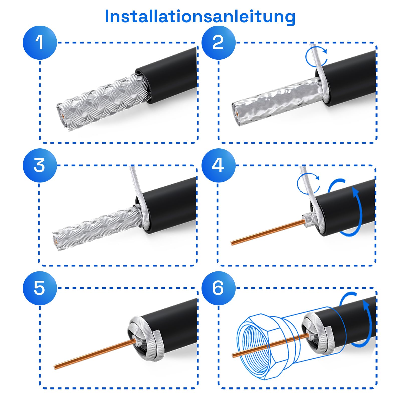 HB-DIGITAL Kabel koncentryczny 25 m SAT 135 dB 8K 4K UHD 4-krotnie ekranowany do DVB-S / S2 DVB-C / C2 DVB-T / T2 DAB+ radio + w zestawie 10 x pozłacane złącza F BK urządzenia - stalowy/miedziany