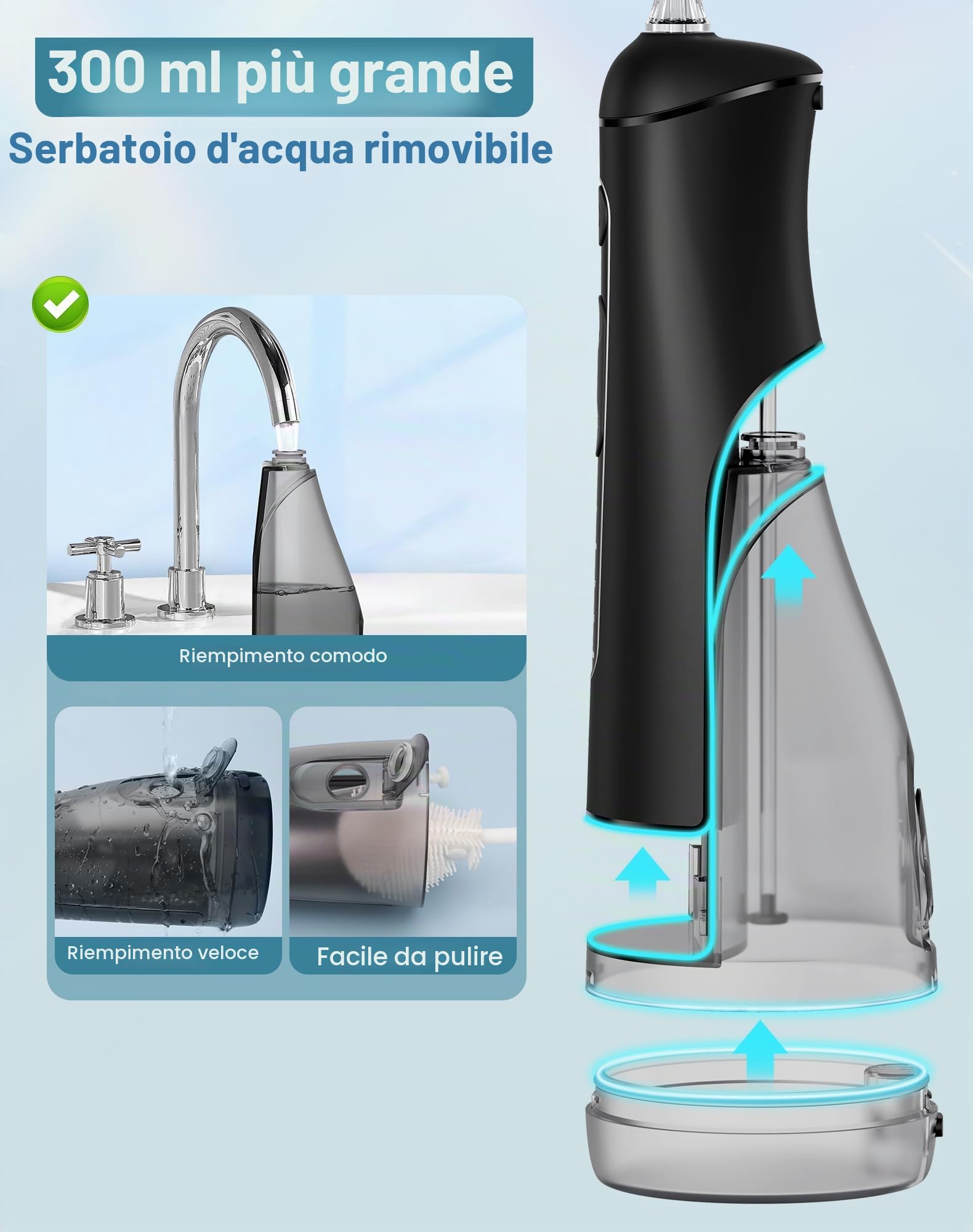 Idropulsore Dentale Portatile DIY, Irrigatore Orale 5 Modalità e 3 Intensità, Irrigatore Dentale Serbatoio 300ML, Ricarica USB, Impermeabile IPX7, Senza BPA, Silenzioso, per Viaggi e Casa