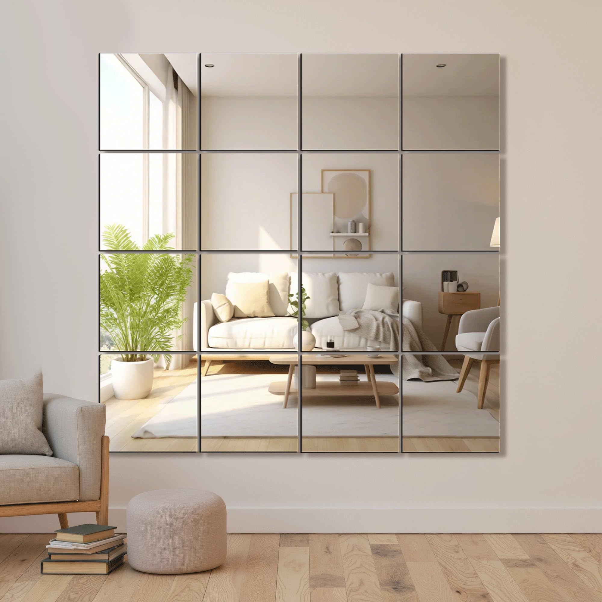 Espejos de Gimnasio en casa, Azulejos de Espejo de Vidrio de 12 x 12 Pulgadas (16 Piezas), Espejo Cuadrado de Pared Grande para Gimnasio en casa, Dormitorio, Puerta, baño, Juegos de Espejos sin Marco