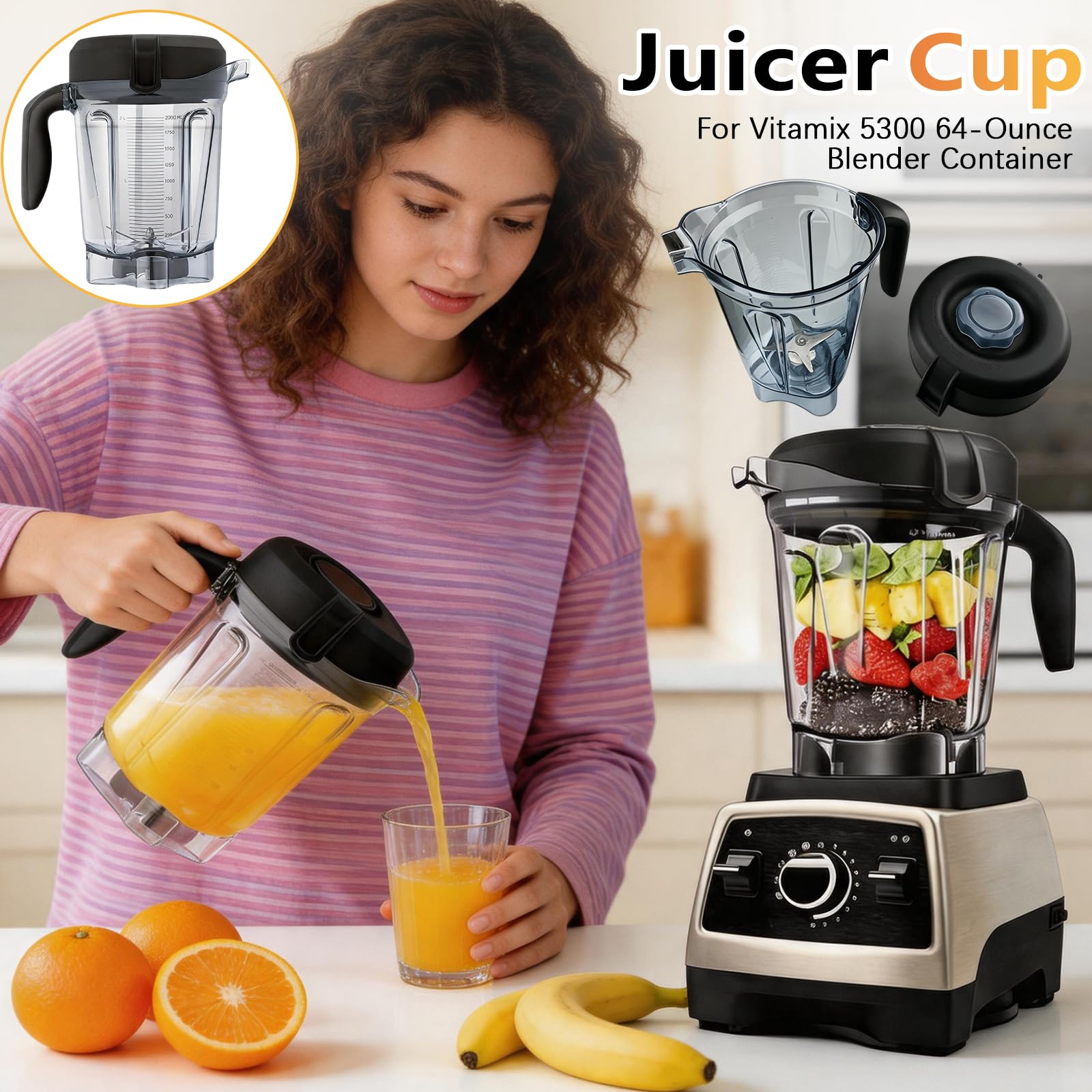 Mixbehälter, 64 oz Entsafterbecher mit Deckel, Messerverschluss und Klinge aus Edelstahl für Vitamix 750 5300 5200 7500 6300 Vm0102 Vm0103 Vm0197 E310 G/Classic C/Explorian/Commercial-Serie