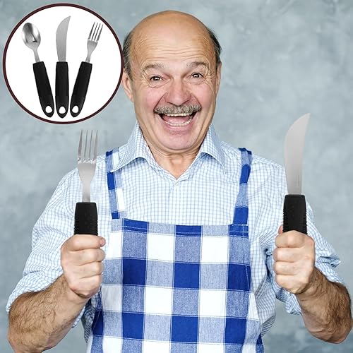 Miniatura 4 de Juego de vajilla con peso adaptable para ancianos con temblores de mano, 3 piezas, acero inoxidable, cuchara antivibración, tenedor y cuchillo con