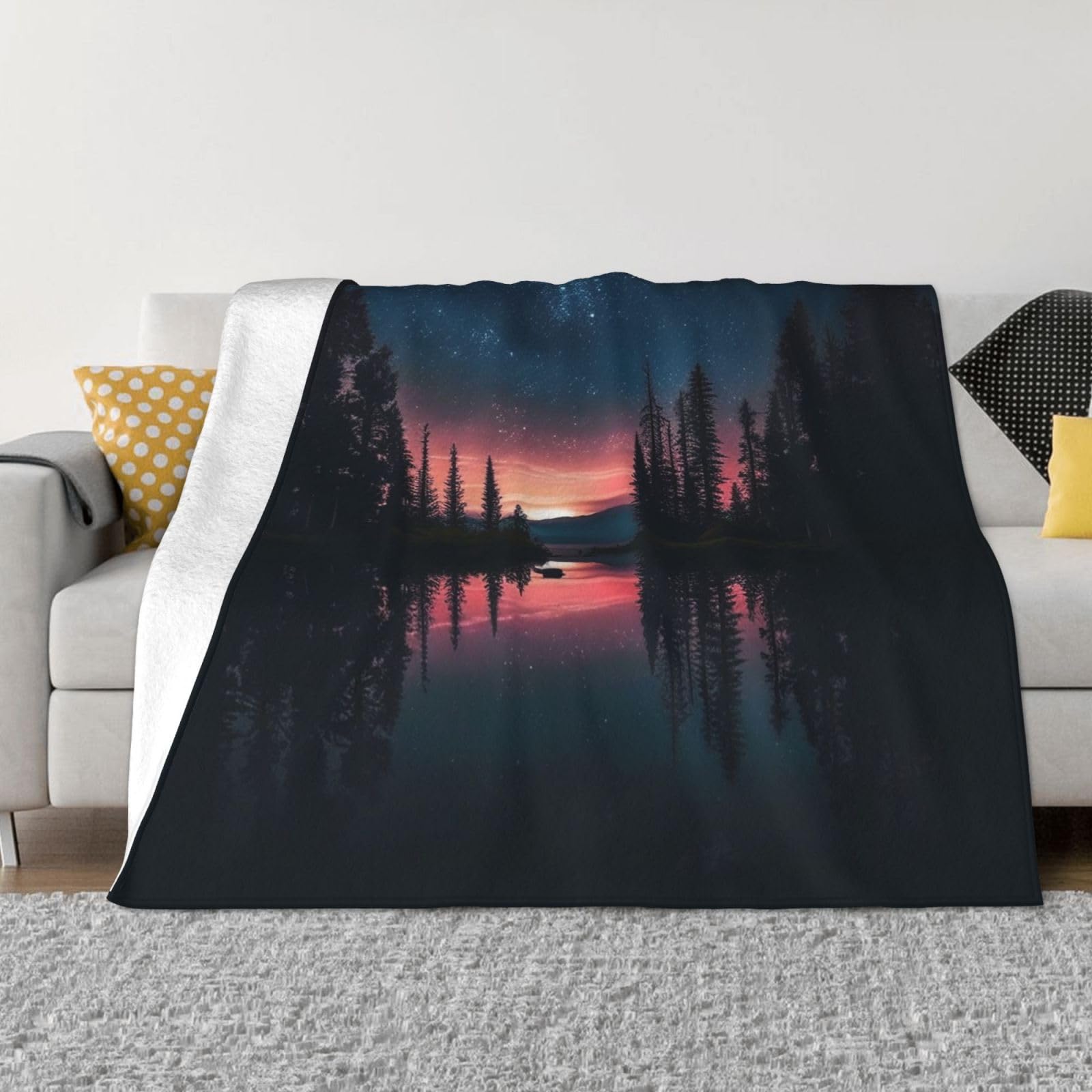 Couverture polaire en flanelle réversible jeté de lit motif lac spatial 127x101 cm