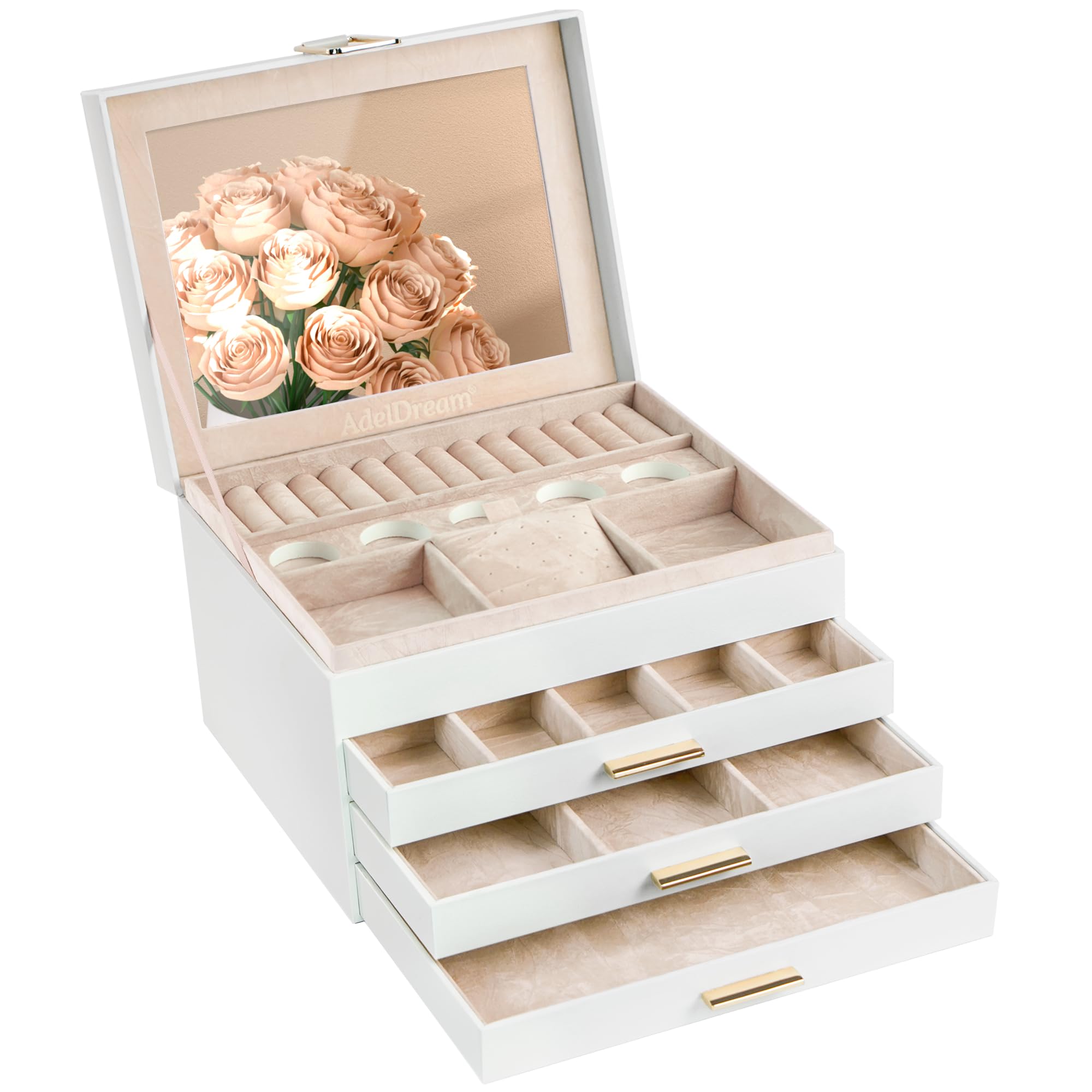 ADEL DREAM Schmuckkasten,Schmuckkästchen, Schmuckkoffer, groß, abschließbar, mit Spiegel,schmuck box,jewellery box,für Ringe, Ohrringe,geschenke,grosser,schmuckbox abschließbar