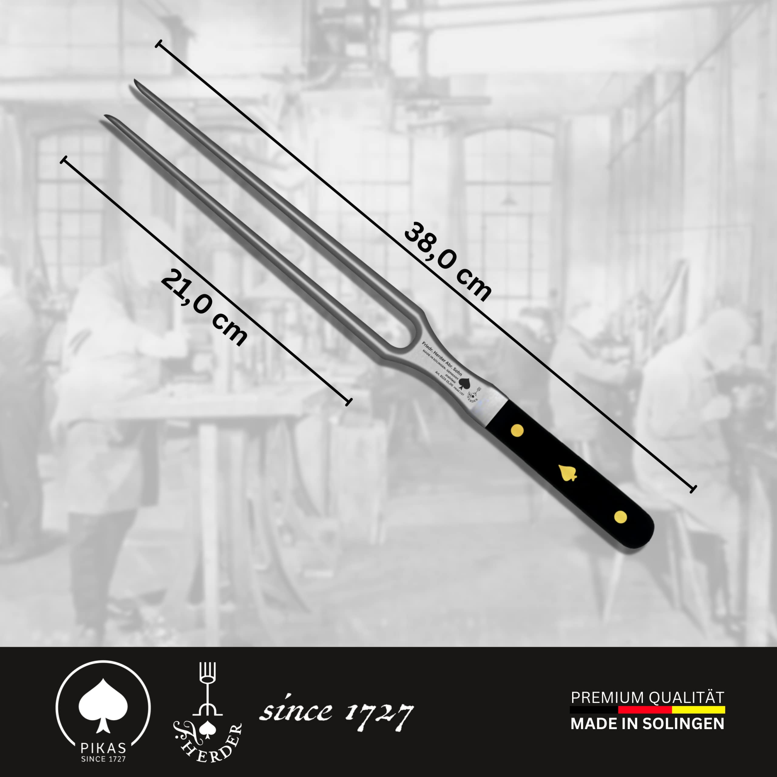 Fleischgabel Premium aus Solingen, Extrascharf, Rostfrei, Gabellänge 21 cm – Grillgabel, Fleisch und Grillgut, Spülmaschinengeeignet, Deutschland