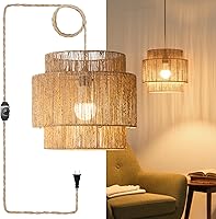 ChiAnHome 11.8" Boho Jute Plug-in Pendant Light - Handwoven Natural Wicker Hanging Lamp for Bedroom Kitchen Living Room, Dimmable