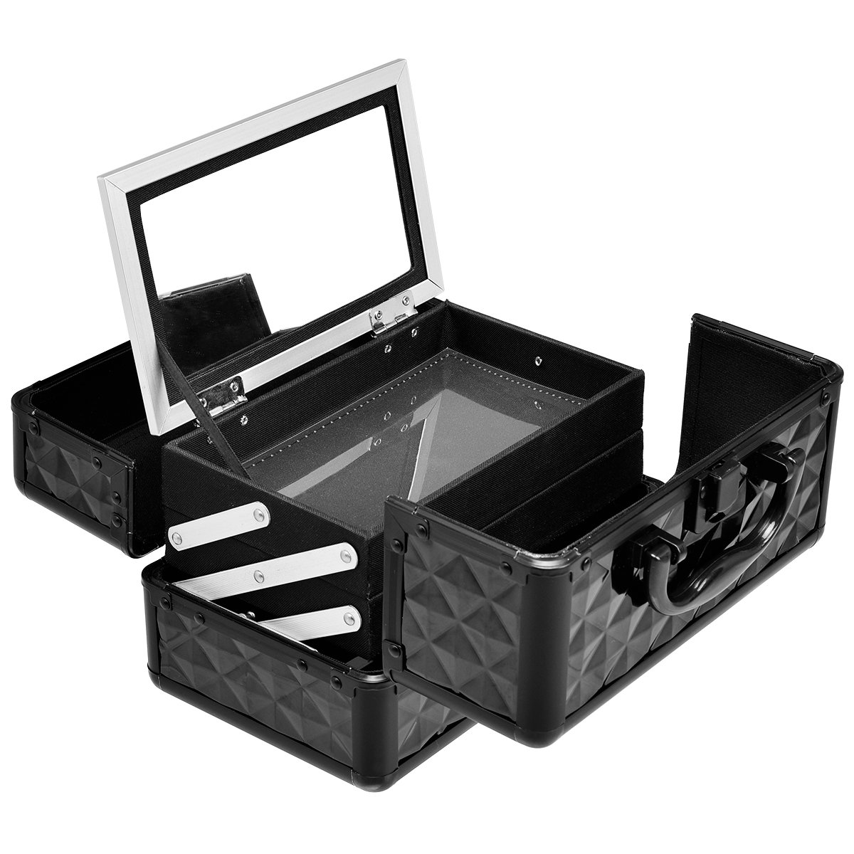 COSTWAY kuferek kosmetyczny Beauty Case, kuferek na biżuterię, walizka fryzjerska z lustrem, czarny, 23 x 15 x 18cm