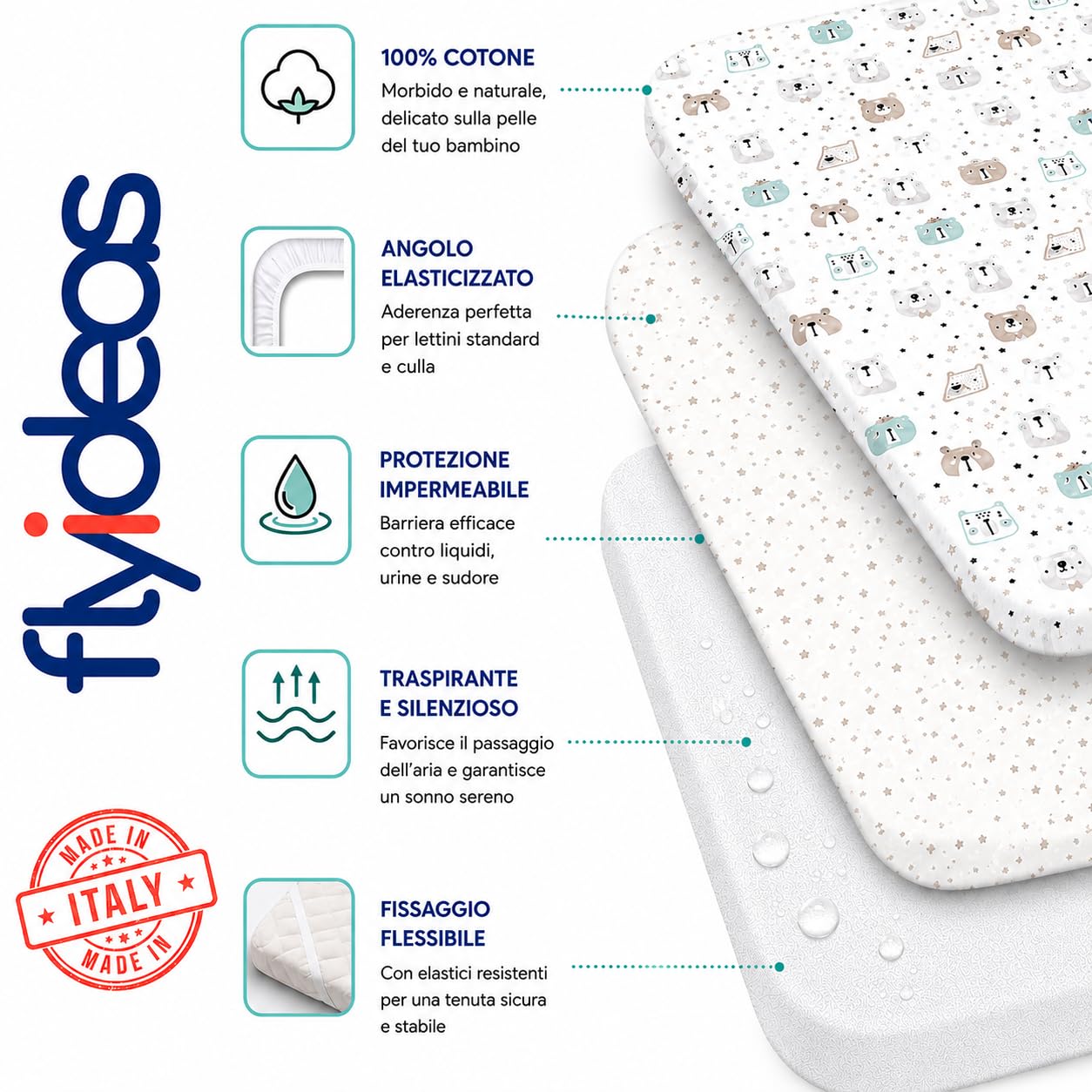 FlyIdeas Set 2 Lenzuola per Next to Me 50x83 cm 100% Cotone Coprimaterasso Impermeabile Made in Italy