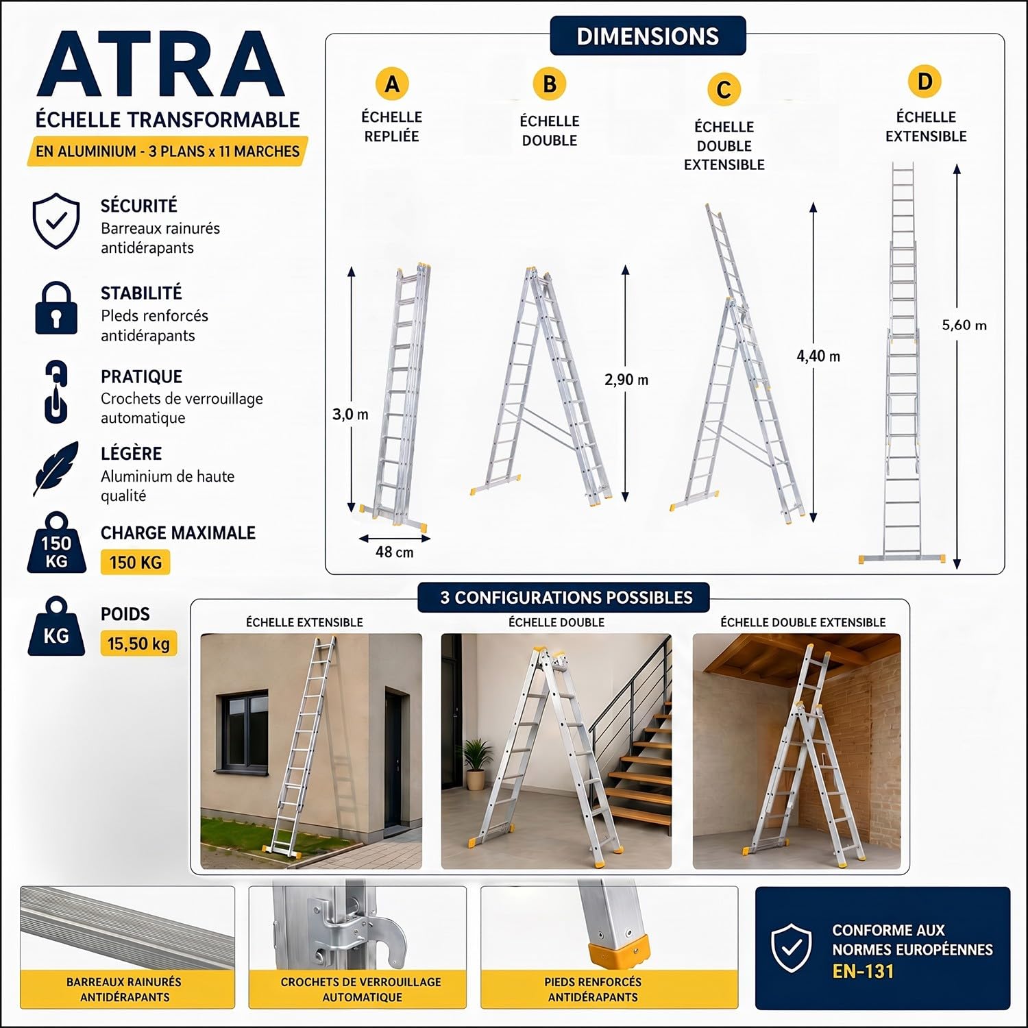 ATRA Echelle Transformable en Aluminium 3 Plans 11 marches