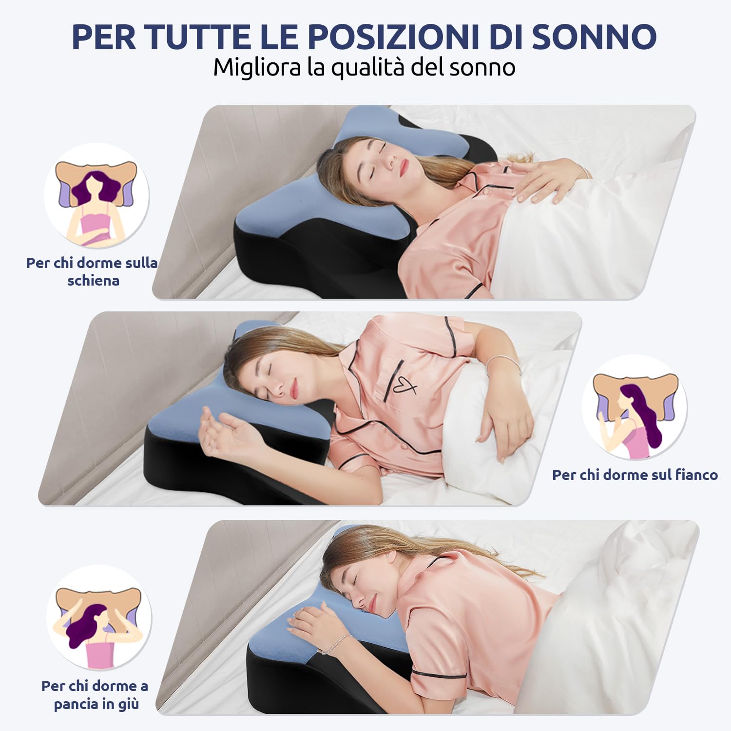 DONAMA Almohada cervical para dormir, cojín cervical ergonómico para dormir de lado, espalda y boca abajo con funda de almohada extraíble y lavable (azul y negro, 66 x 37 x 13 cm)
