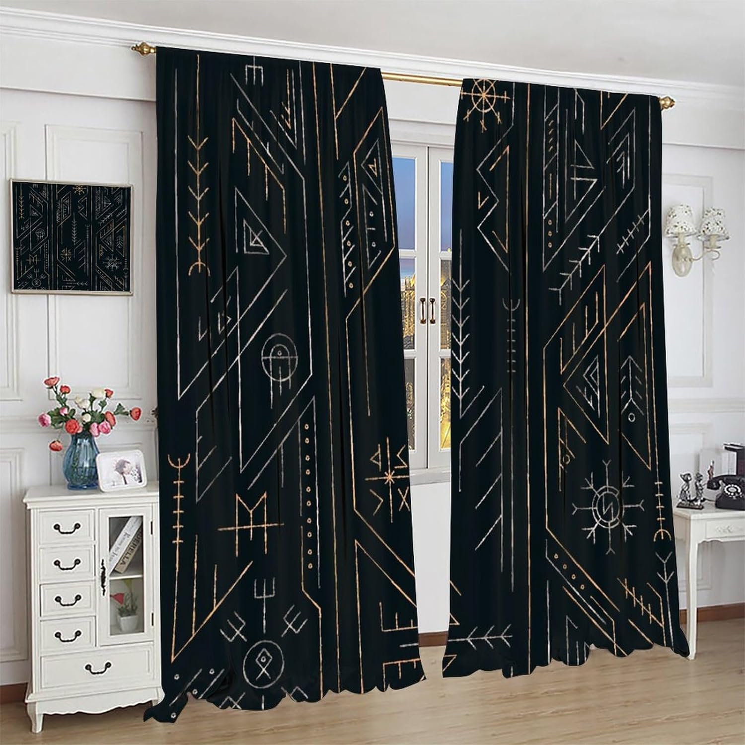 Viking Curtains,Vintage Tribe Mystic Totem Ancient Scandinavian Rune Print Window Treatments for Bedroom Living Room Kitchen Window Drapes 2 Panel Set,Total Size 42" x 45"