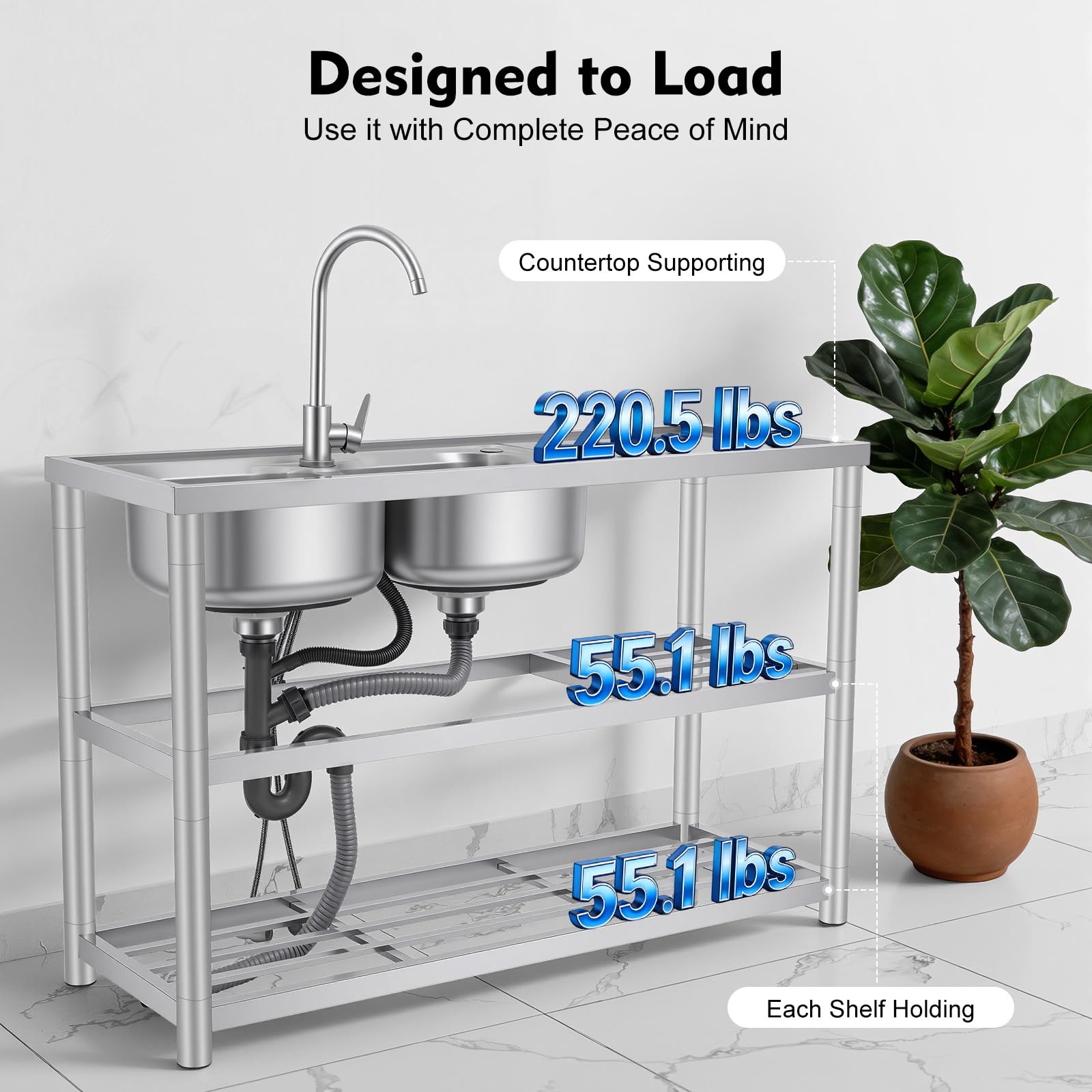 Lavello da cucina in acciaio inox 2 vasche 3 livelli, freestanding lavandino in acciaio inox, doppio lavello da cucina con rubinetto caldo e freddo, Lavabo commerciale indipendente, 120 x 45
