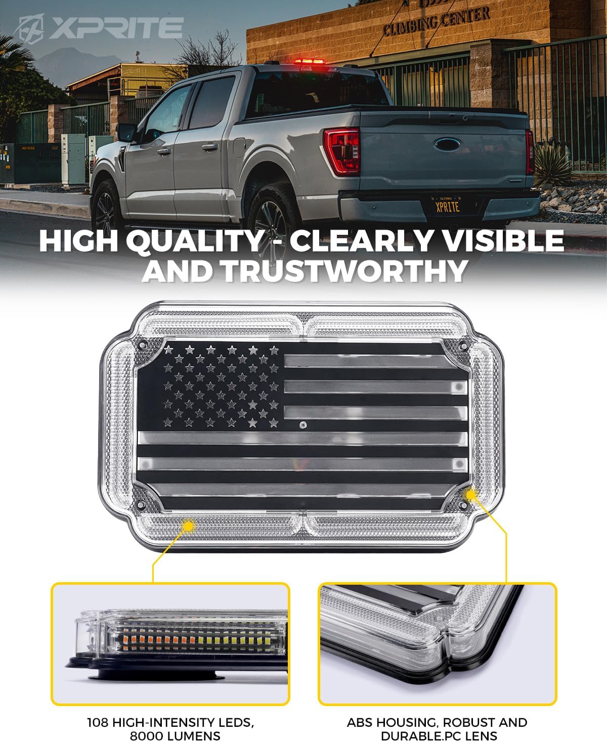 Xprite 108 LED Roof Top Strobe Light, US Flag Pattern Firefighter Flashing Light, Emergency Safety Warning LED Mini Strobe Lightbar w/Magnetic for Fire Truck EMS Ambulances Police Vehicle, Red White