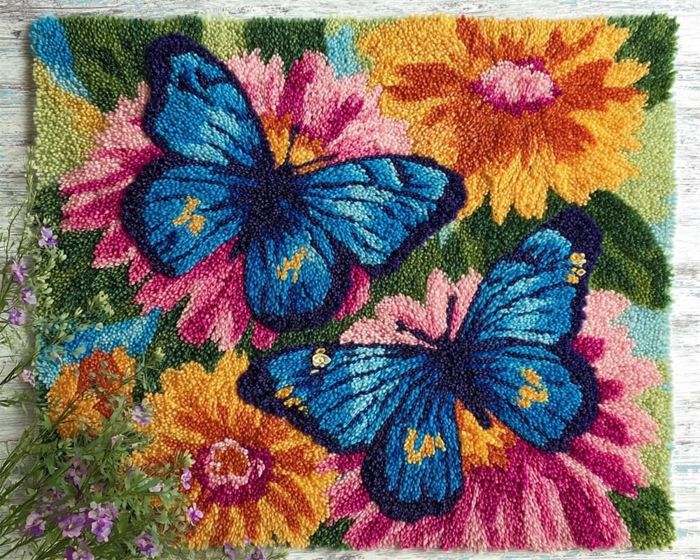 Large Latch Hook Kits For Adults, Butterfly Floral Rug Making Kit For Adults Beginners, Pre-Printed Pattern Rug Making Kit, Tapestry Kits Rug For Beginners, Latch Hook Rug Kits Embroidery Ca 39X55In