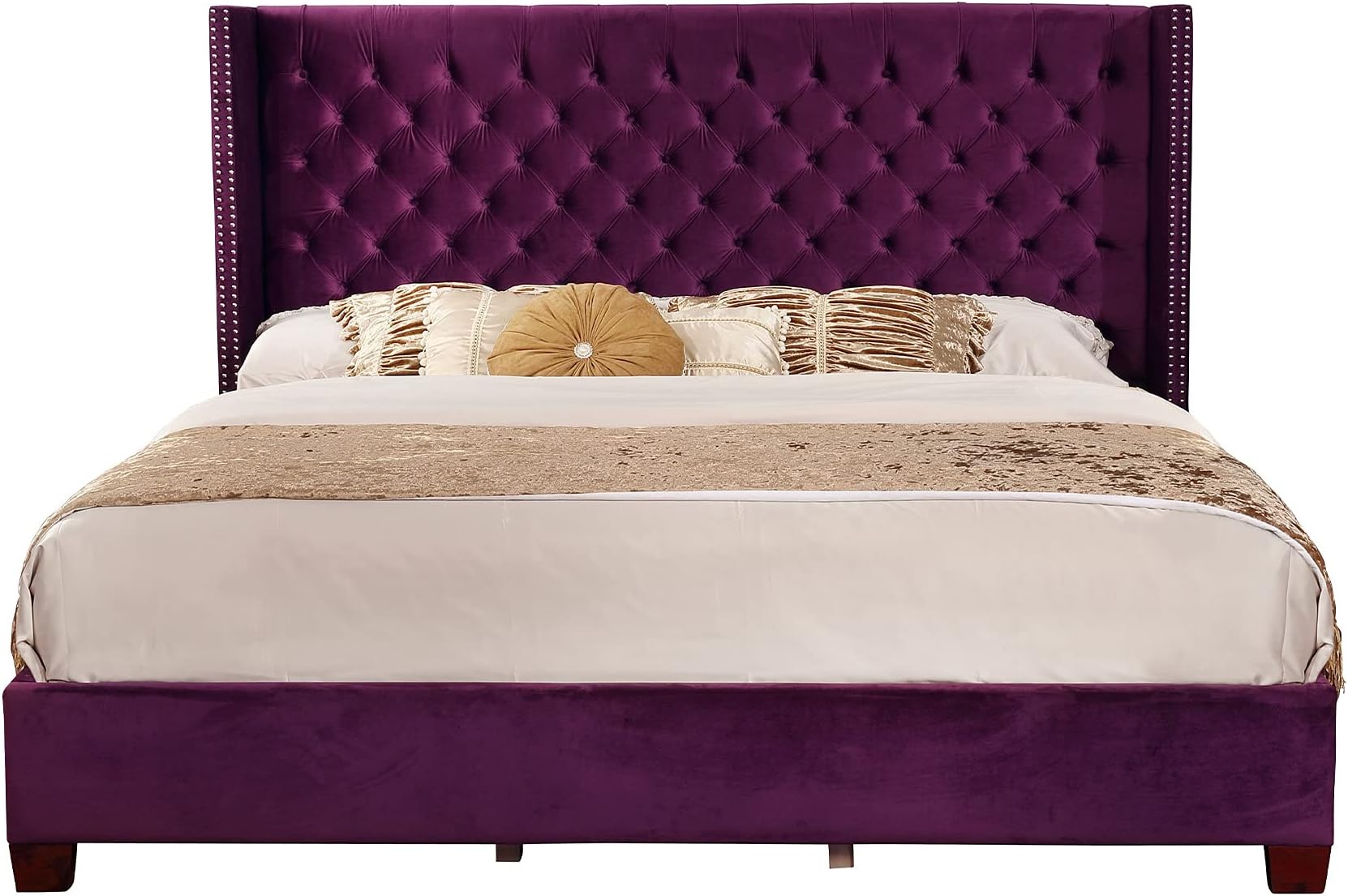 Contemporary Velvet Upholstered Deep Button Tufting Solid Frame Platform Bed With Wood Slats King/Queen Size, Purple