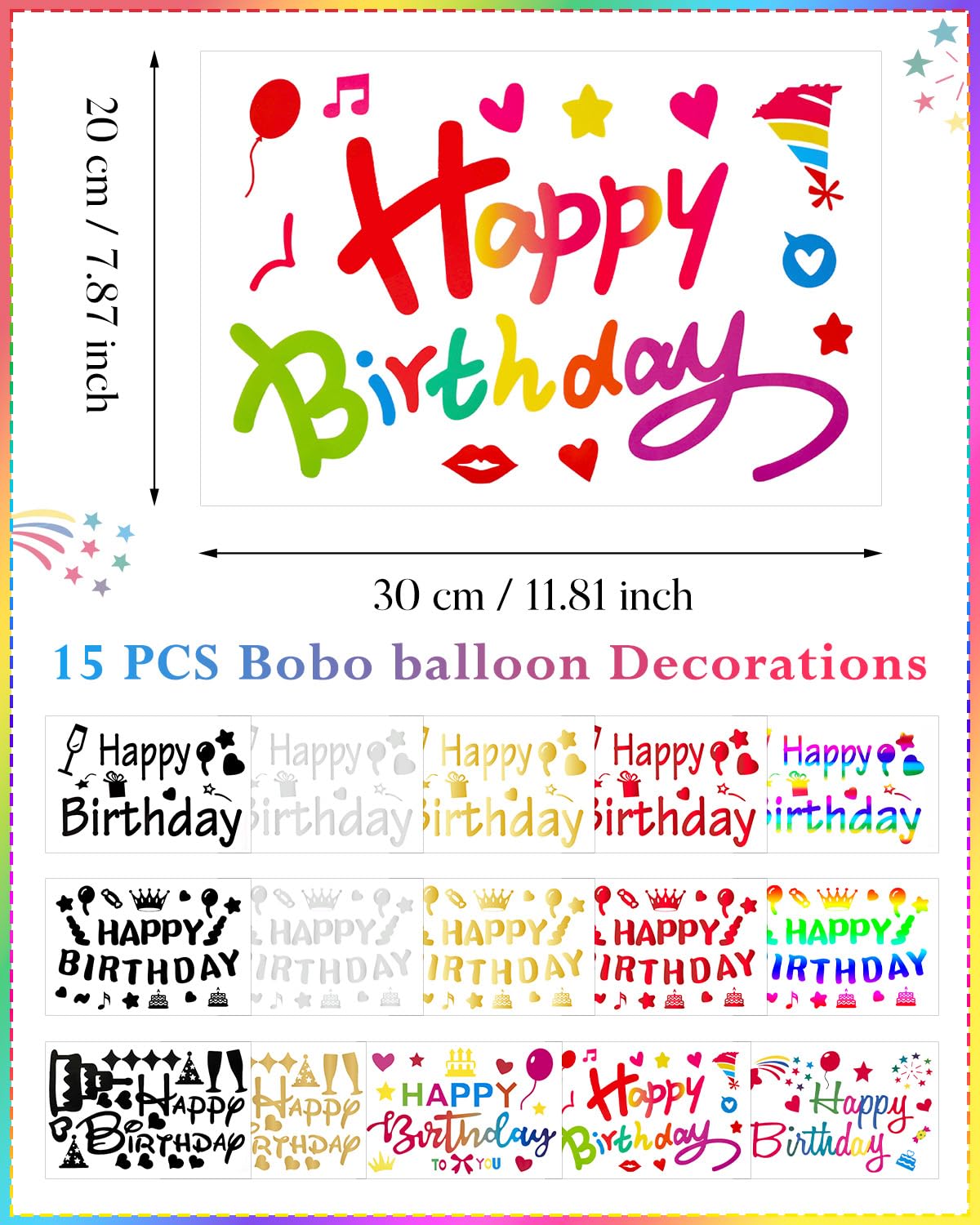 Naklejki urodzinowe z balonami, 15 szt., przezroczyste naklejki na balony bobo, naklejki PCW, samoprzylepne na uroczystości urodzinowe, wystrój domu, rekwizyty do fotobudki (kolor )