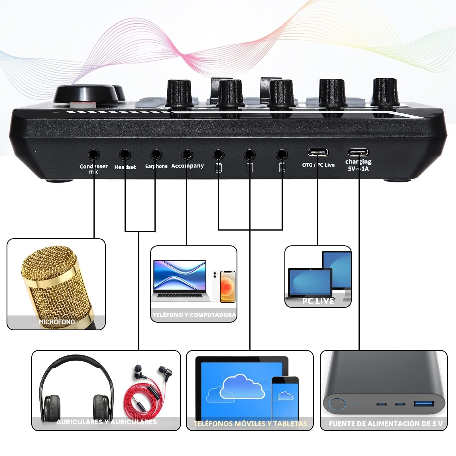 Micrófono de Condensador USB, Tarjeta de Sonido Externa Profesional para Transmisión en Vivo,Gaming Microfono con Filtro Pop,para Grabar Música y Video Podcast Juegos Chat Soporte de Brazo