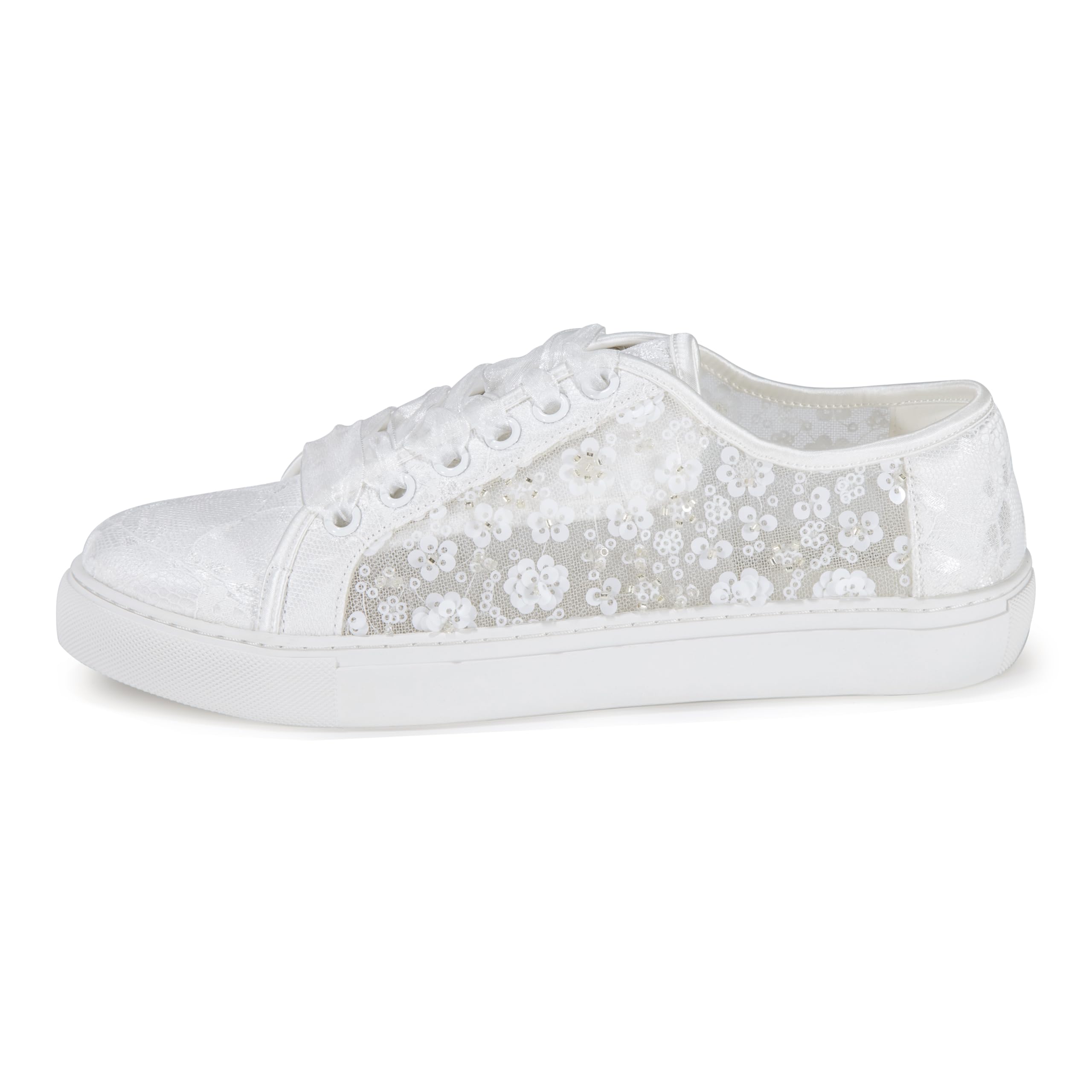 883-10 Sneakers Sposa Donna Pizzo Ricamo Floreale Scarpe Matrimonio Basse Comode Scarpe Sposa con Lacci Nastro