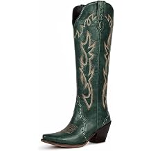wetkiss Women's Knee High Cowboy Boots, Flame Embroidered Snip Toe
