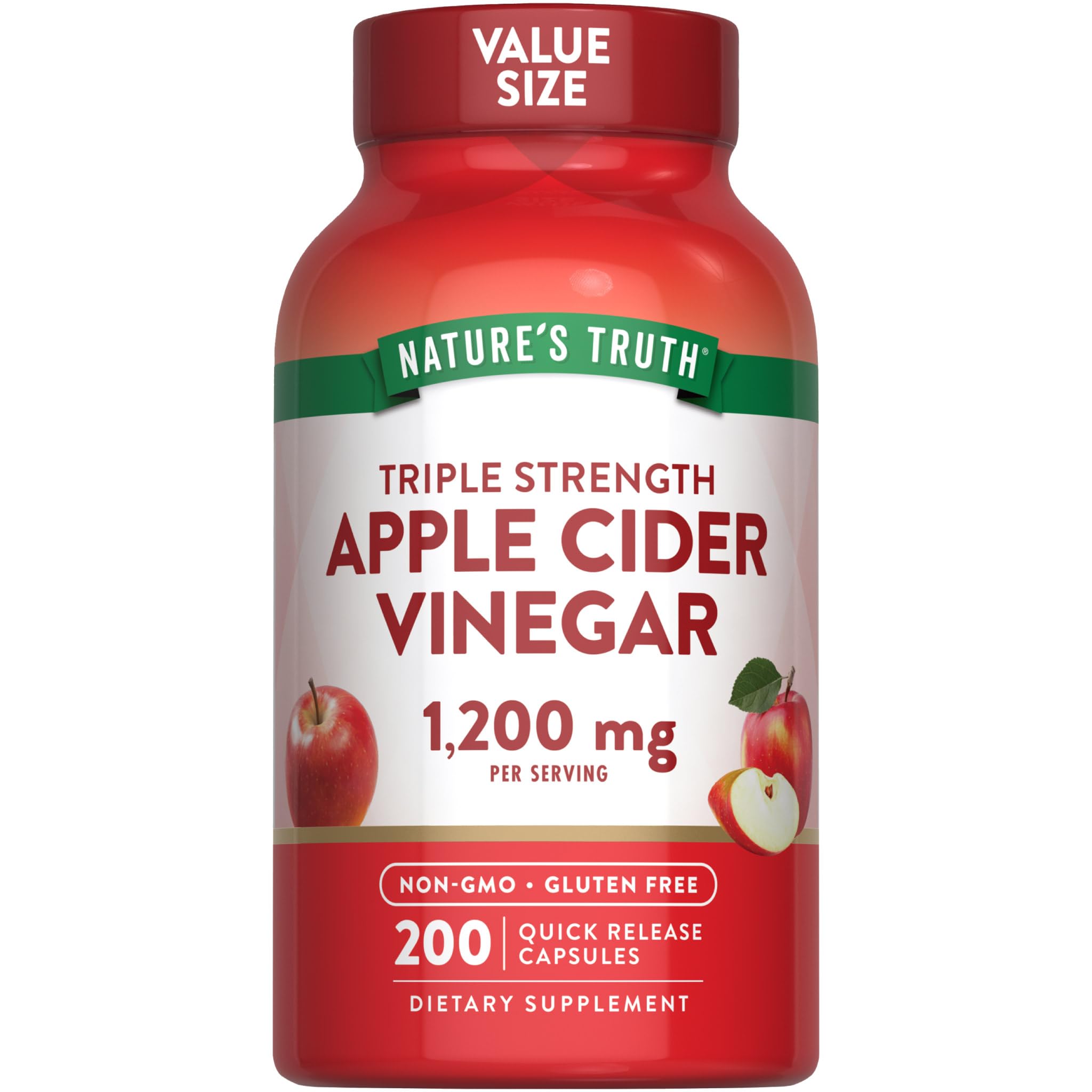 Nature's Truth Apple Cider Vinegar Capsules | 1200mg | 200 Pills | Extra Strength | Value Size | Non-GMO, Gluten Free Supplement