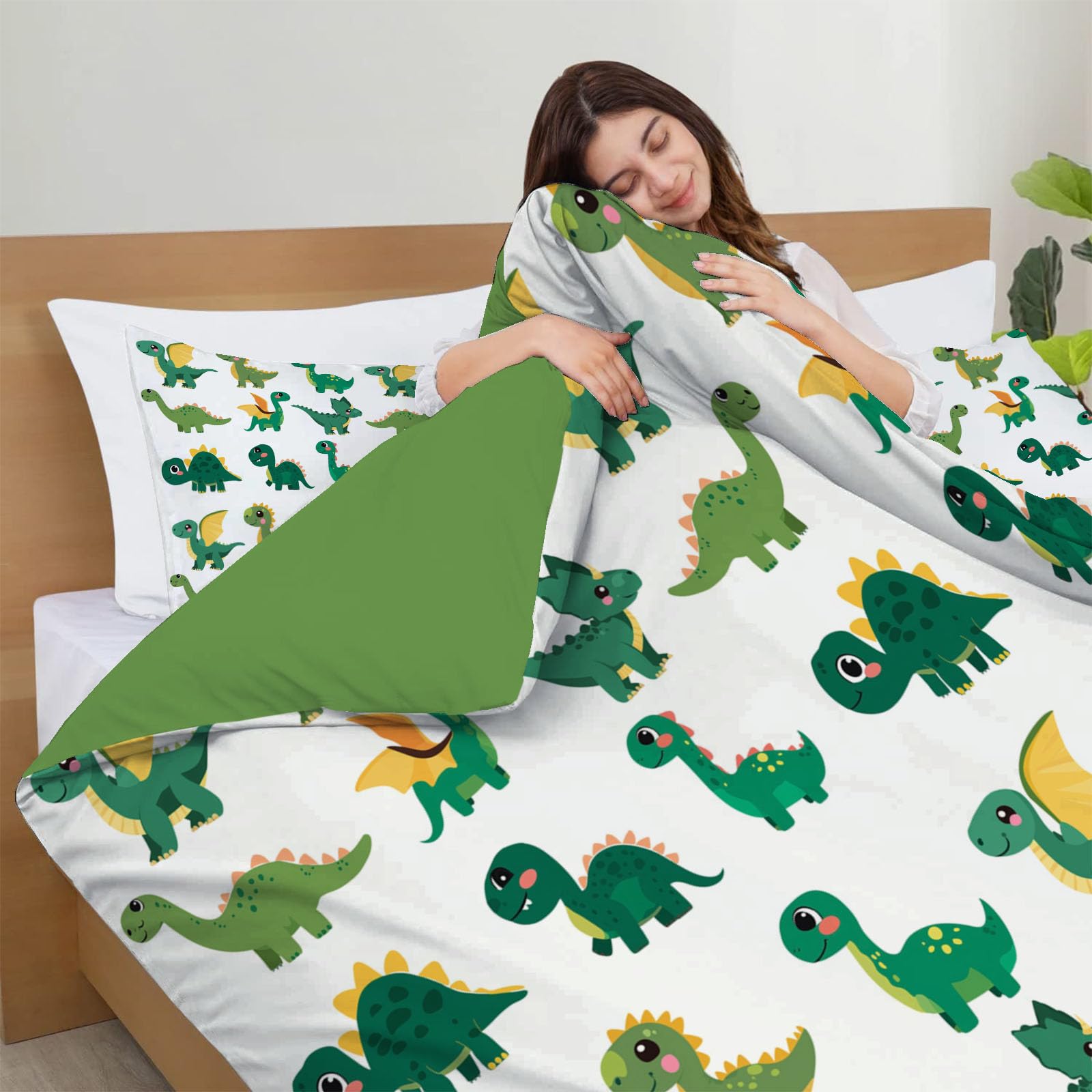 Juego de Cama Reversible Dinosaurio Verde– Funda Nórdica de Funda de Edredón Animales De Dibujos Animados con Fundas para Niños, Niñas y Niños, Verde Esmeralda