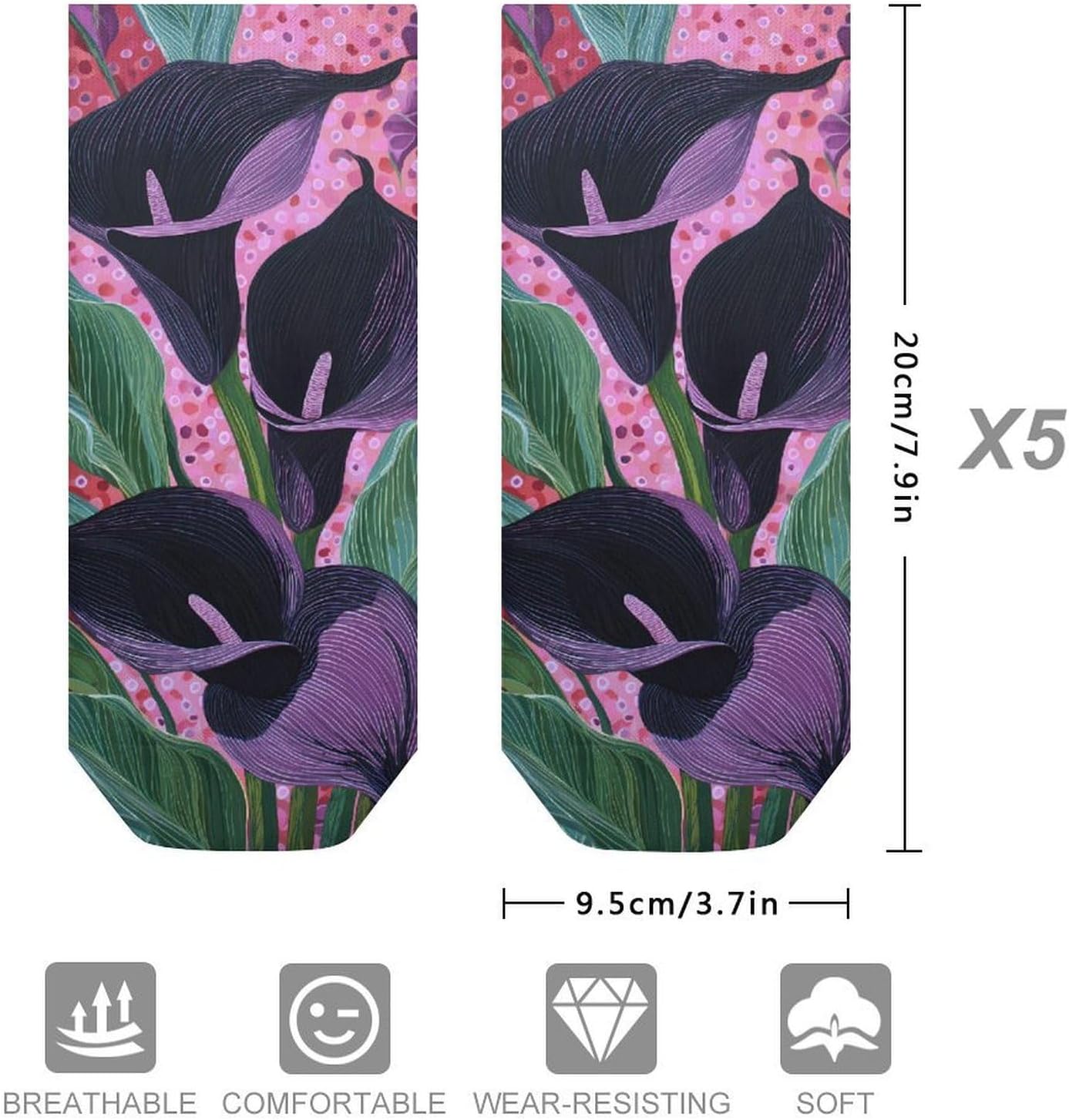 Calla Lilies Green Leaves Pink Dots No Show Ankle Socks Low Cut Non Slip Flat Boat Line 5 Pairs Set