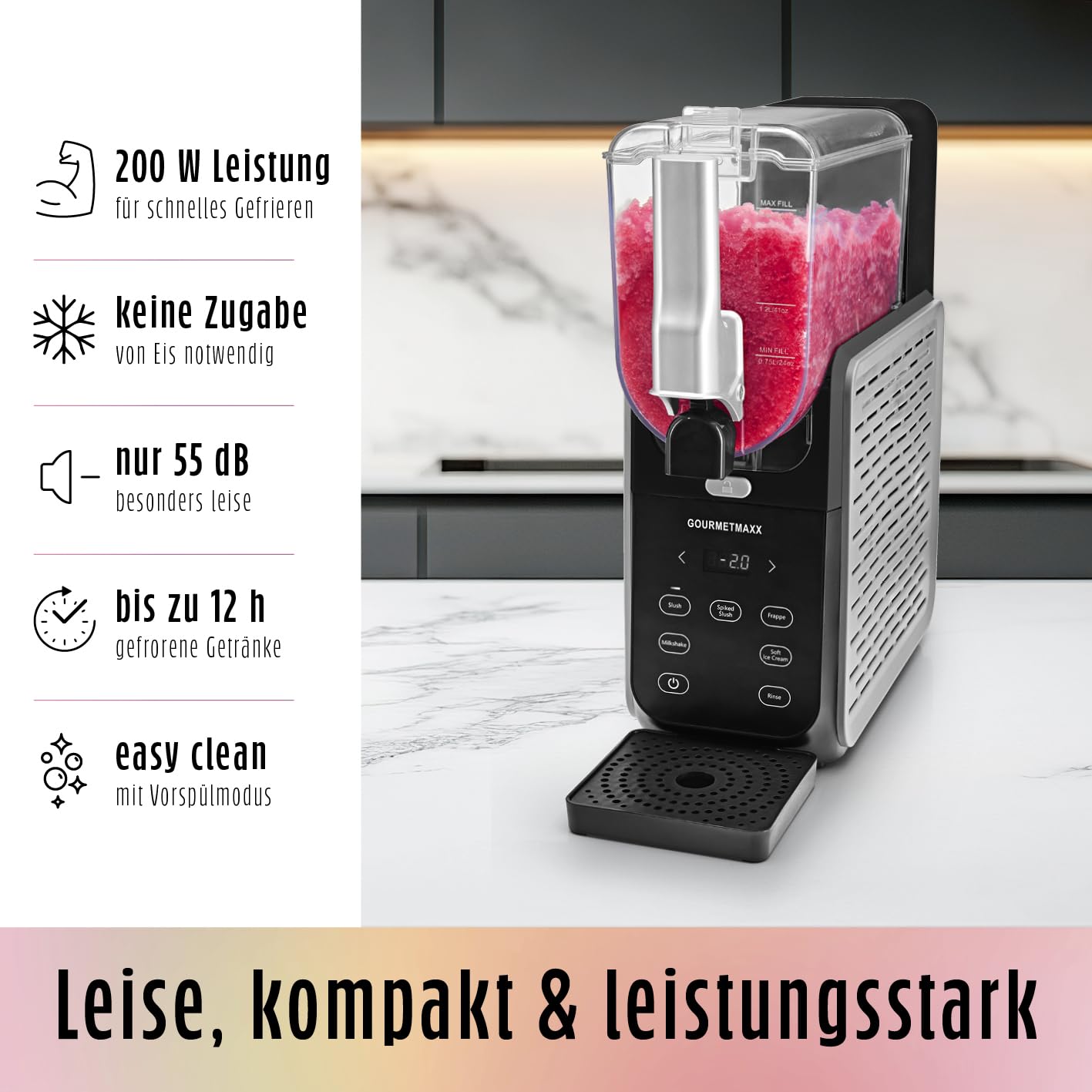 GOURMETmaxx FreezeUp Slush Eis Maschine | Slush Ice Maker mit 5 Modi | Slushmaschine für Slushies, Milchshakes, Softeis etc. | Slush Maker elektrisch – 2,8 L | Eismaschine Slush für bis zu 10 Personen