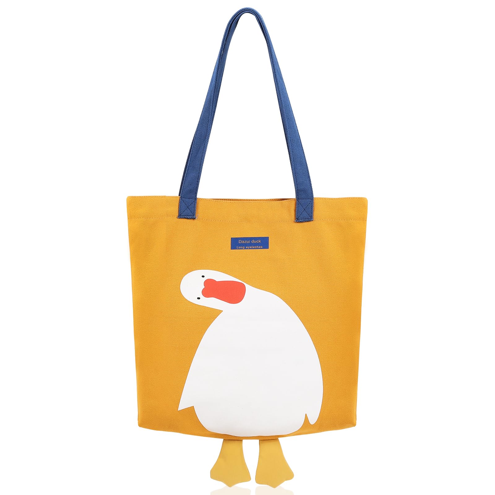 Cute Canvas Tote Bag for Women Reusable Cotton Cloth Bag for Lunch Grocery Shopping and Beach with 3D Duck Design (Shoulder Carry Yellow Duck)