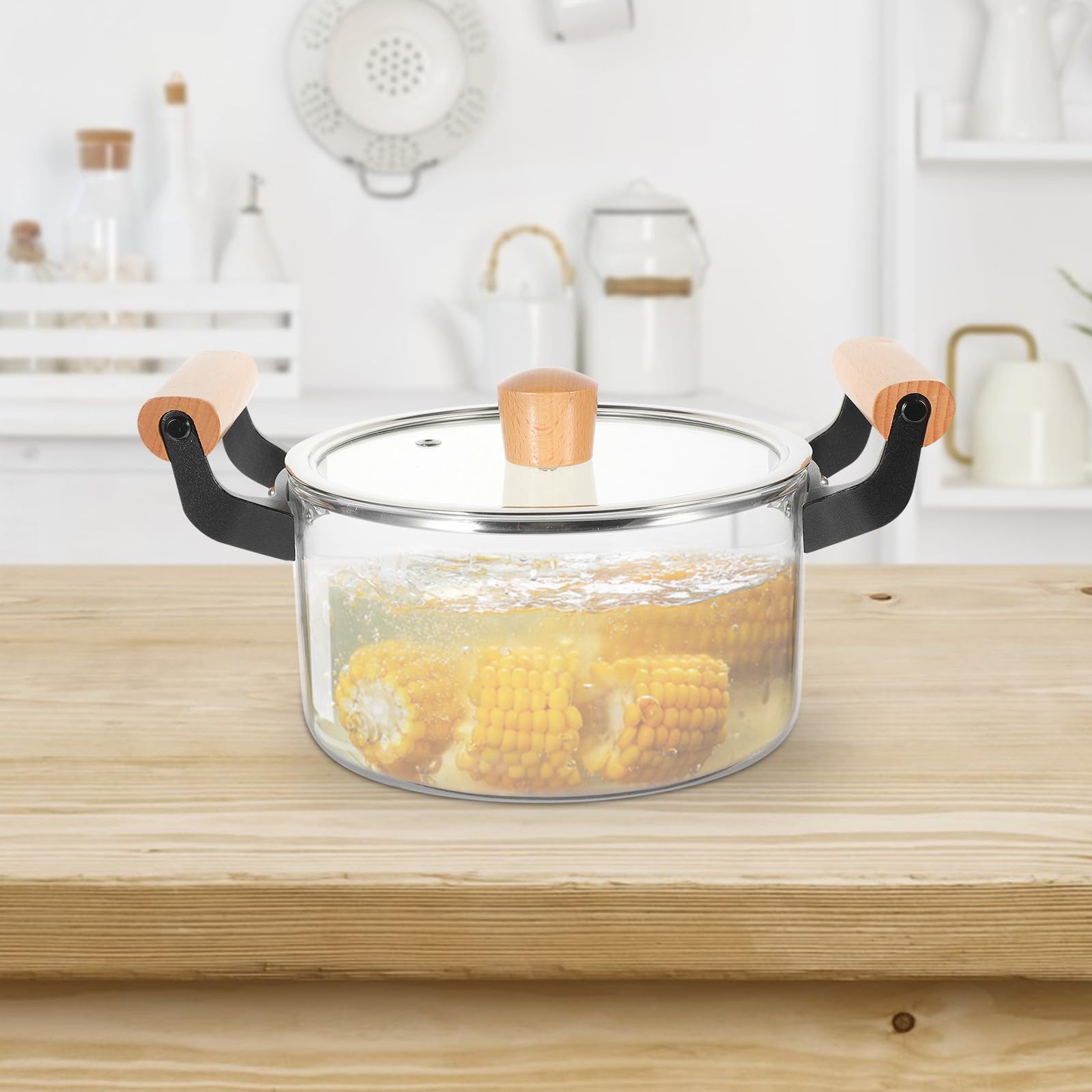 Transparenter Glas suppentopf Hitzebeständig für Herd und Gas Kochfester Glaskochtopf mit Holzgriffen Vielseitiger Topf für Suppe Brei Nudeln und Gemüse im Haushalt