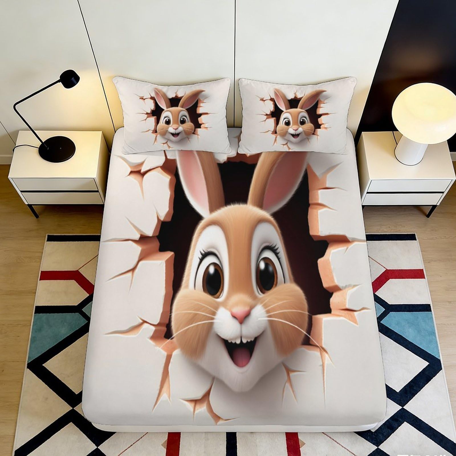 3D Printed Cartoon Bunny Fitted Sheet Microfiber Soft Breathable Animal Mattress Cover for Bedroom Dorm Decoration 90x200x25cm