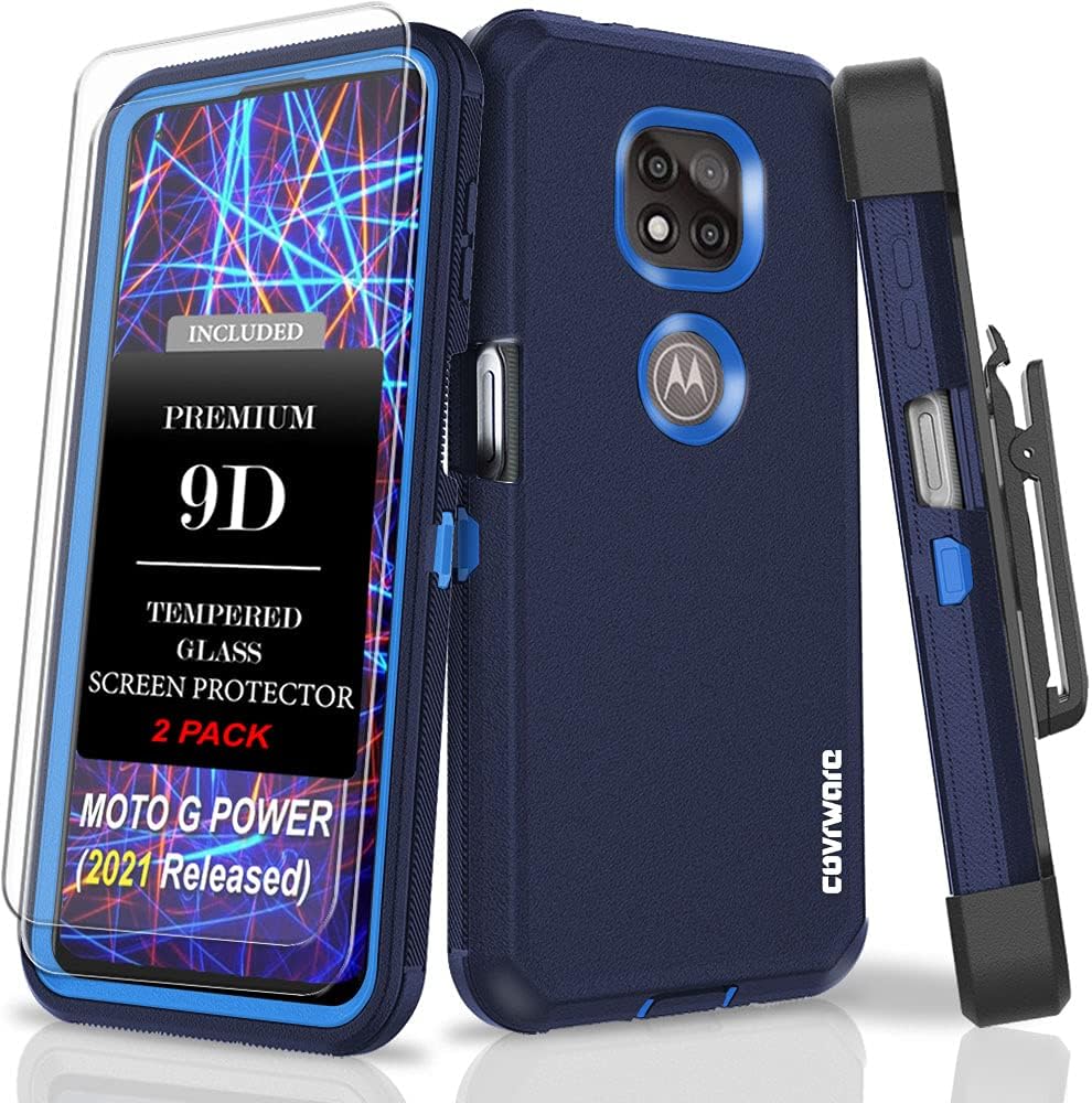 [3 Items] Covrware Tri Series Case + [2-Pack] Tempered Glass Screen Protector for Moto G Power 2021, Holster Belt Swivel Clip Kickstand Heavy Duty Full Body Armor Shockproof Protective Cover, Blue