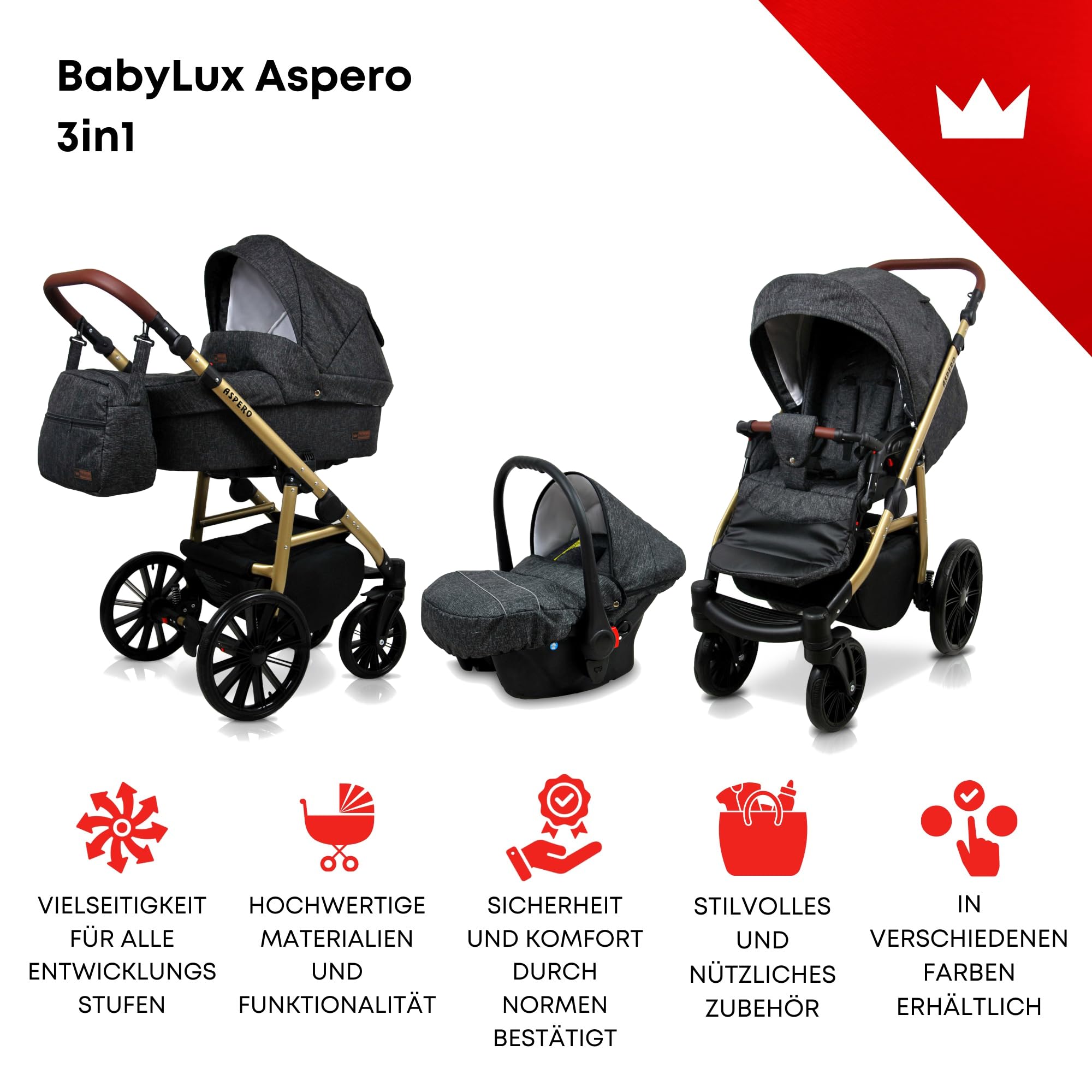 BabyLux® Bambini Passeggino Completo Set 3 in 1 - Aspero - incl. Navicella, Canna, Seggiolino Auto - Carrozzina Neonati Sistema Combinato - con Borsa fasciatoio, Copertura antipioggia ecc.