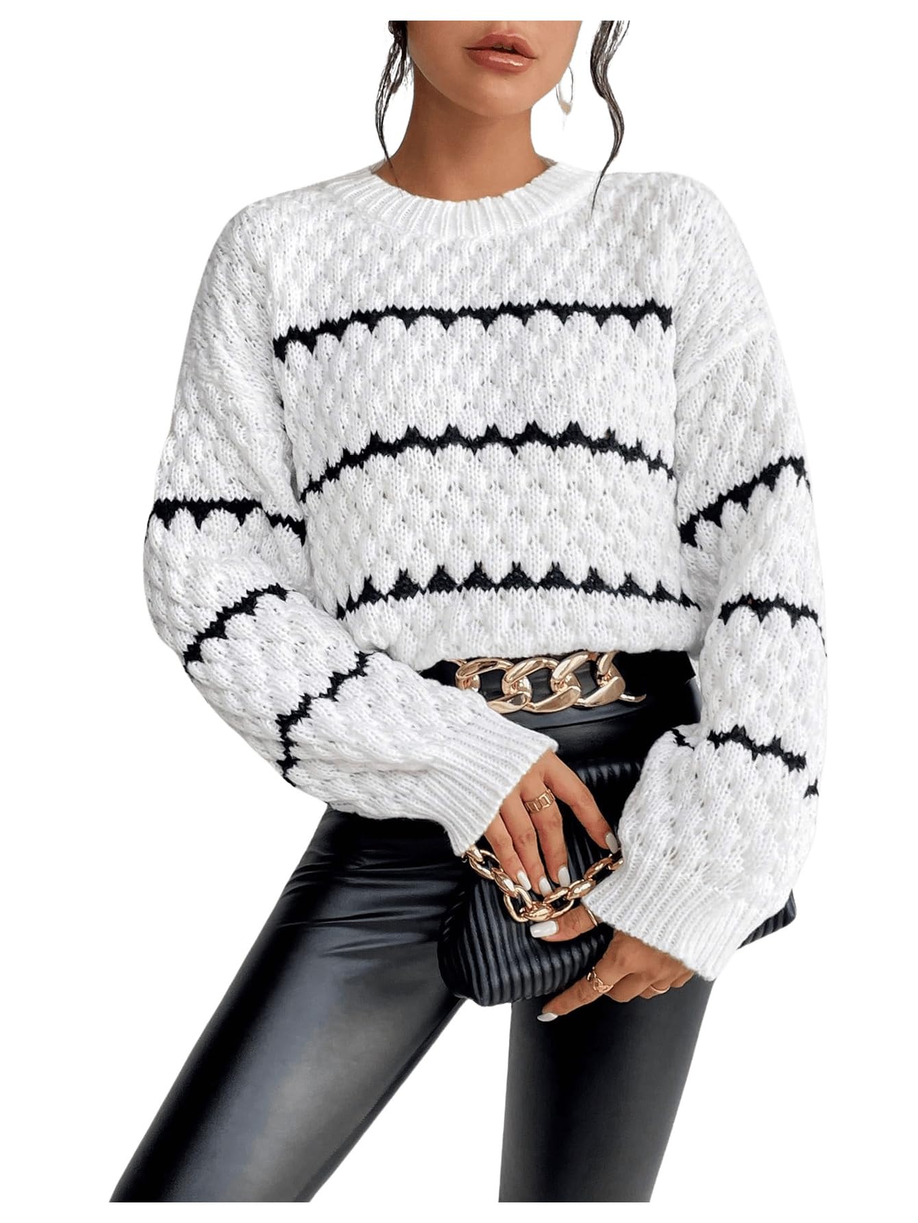 Floerns Womens Striped Long Sleeve Sweaters Knitted Crewneck Fall Outfit Loose Pullover Tops