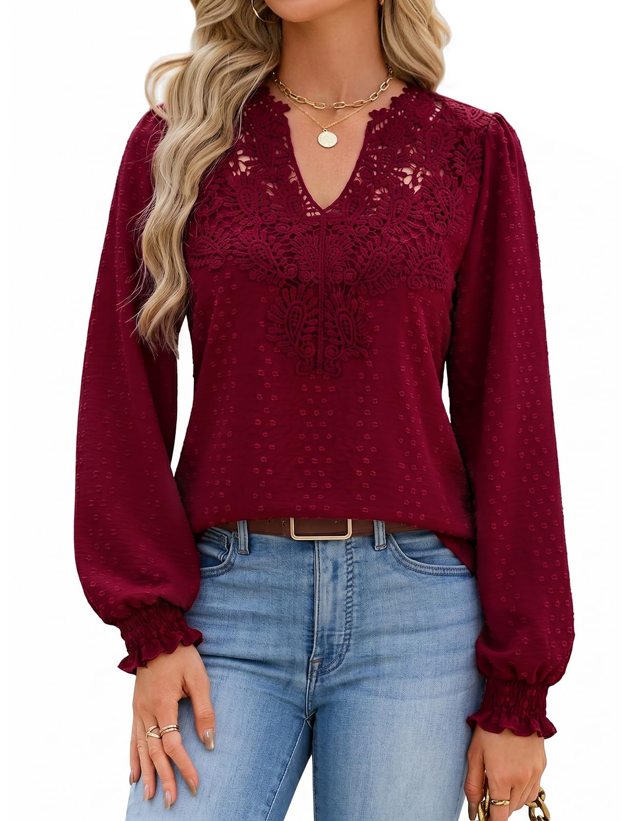 heekpek Langarmshirt Damen Bluse V-Ausschnitt | Oberteile, Modische Spitzenshirt,Damenblusen,Elastische Bündchen, Frühling, Sommer, Herbst