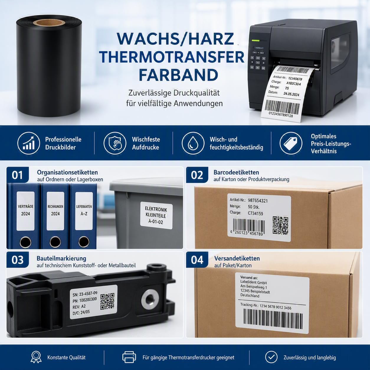 Labelident Thermotransfer Farbband Wachs/Harz gold metallic glänzend 110mm x 300m, Außenwicklung, kompatibel Zebra TSC GoDEX, für beschichtete Papieretiketten