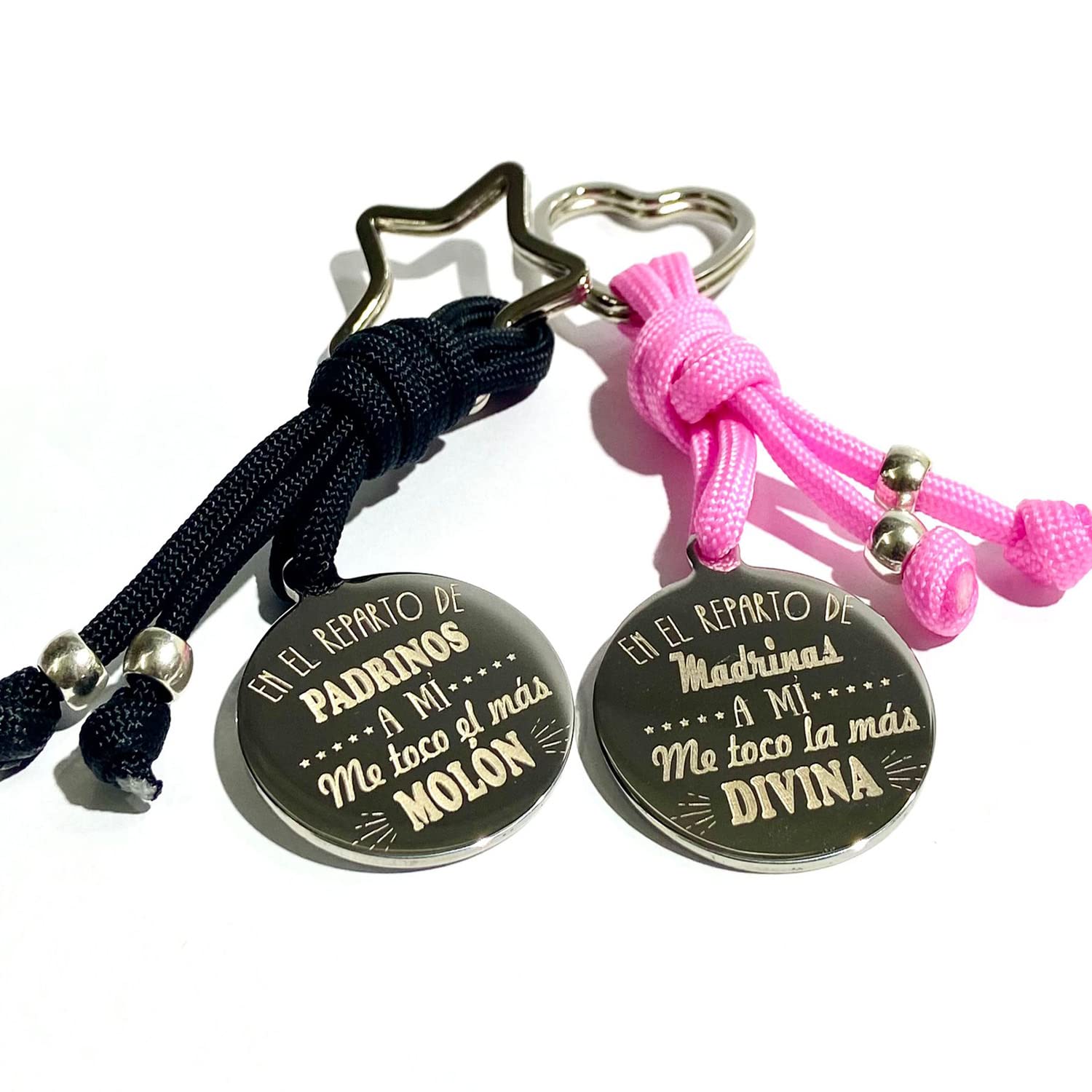 masqueprecios PACK 2 LLAVEROS PARA PADRINO Y MADRINA, Regalo para los padrinos en bautizos o bodas, acero inoxidable brillante