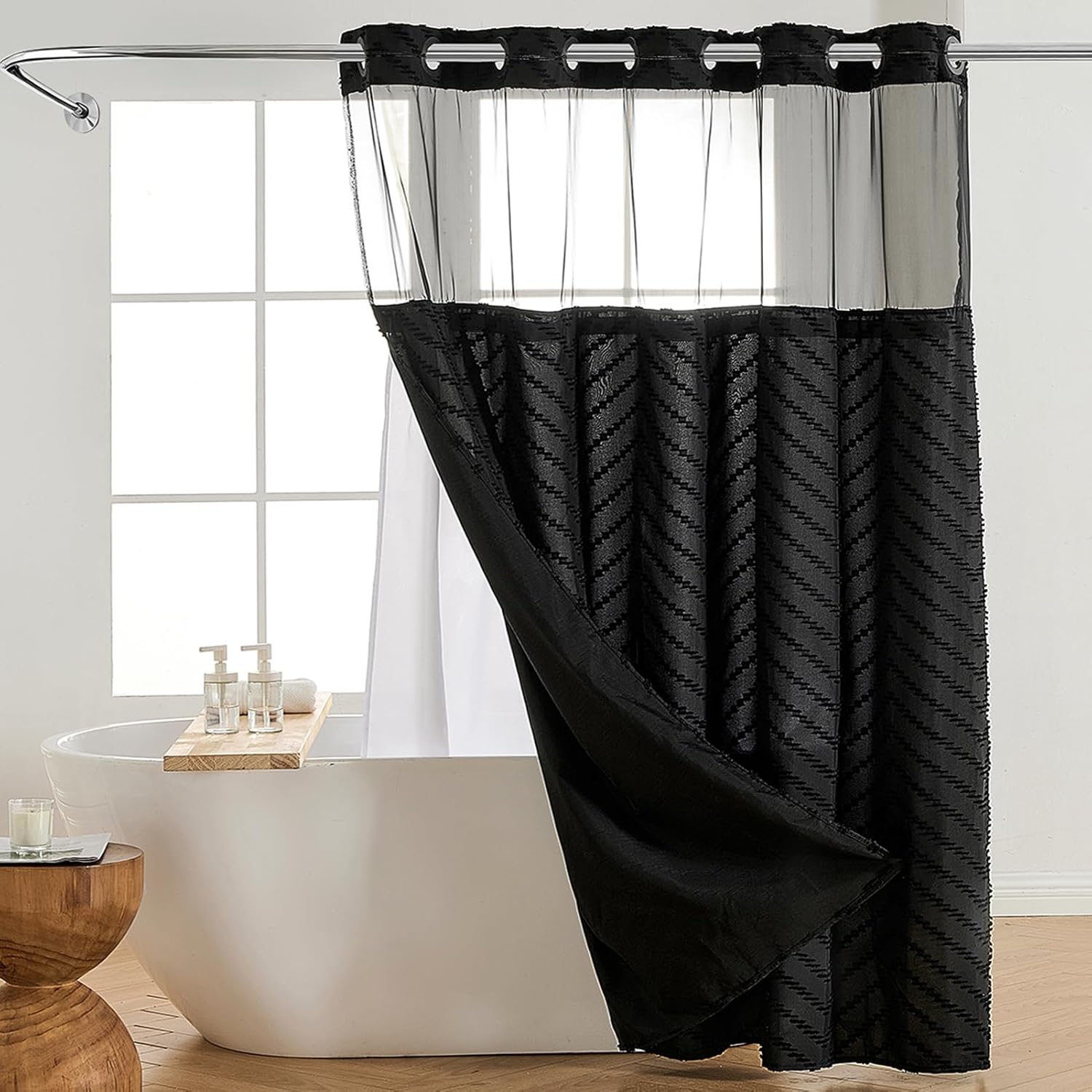 No Hook Boho Shower Curtain and Snap in Liner Set, Black Chic Textured Tufted Chevron Striped Cloth Double Layers Waterproof Washable Fabric Mesh Top Window Bath Curtain 71x74 Inch