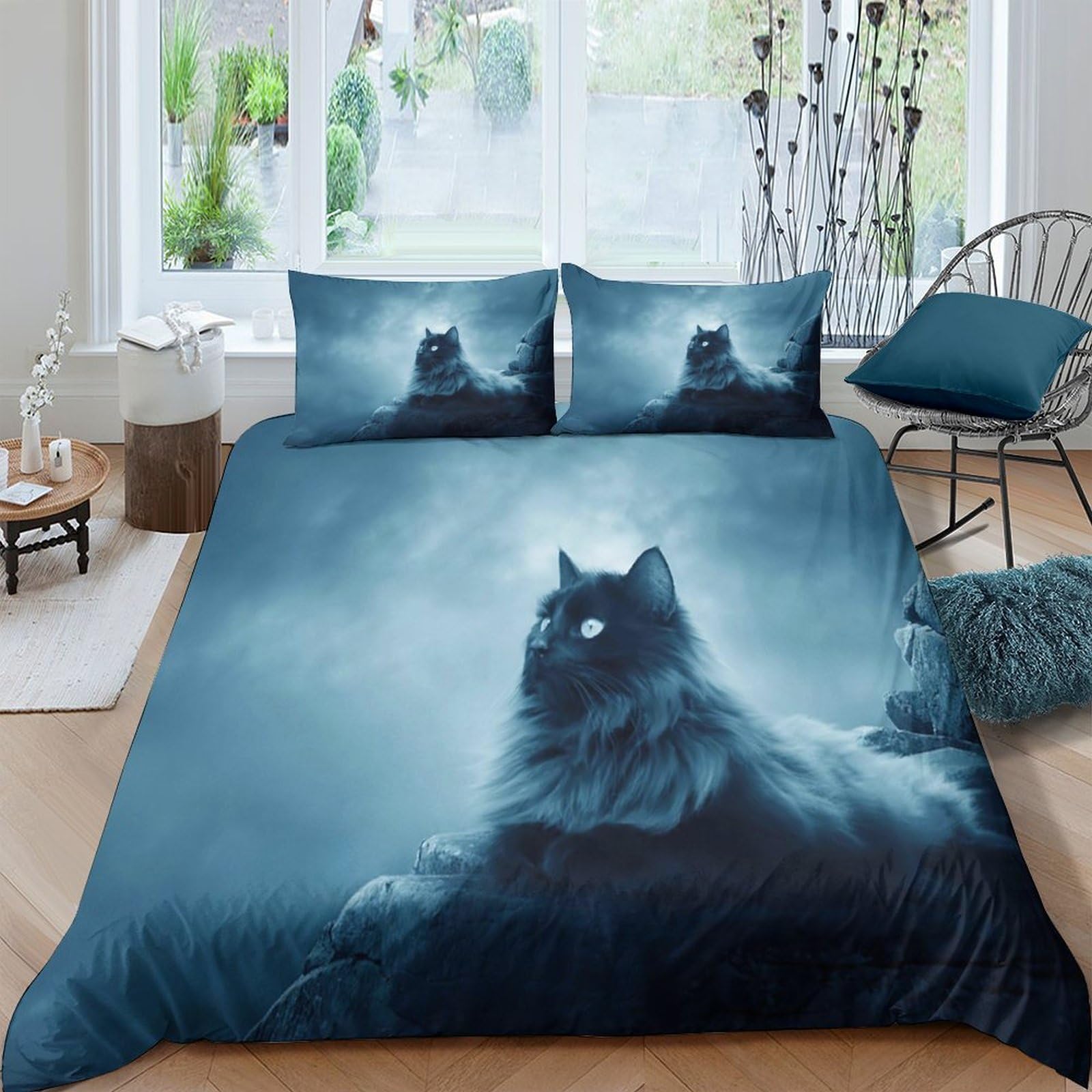 Ctjqhvkz Style-2 3D Printed Black Cat Night Fitted Sheet Microfiber Soft Bed Cover For Bedroom Guest Room Mattress Decor Single（135X200cm）