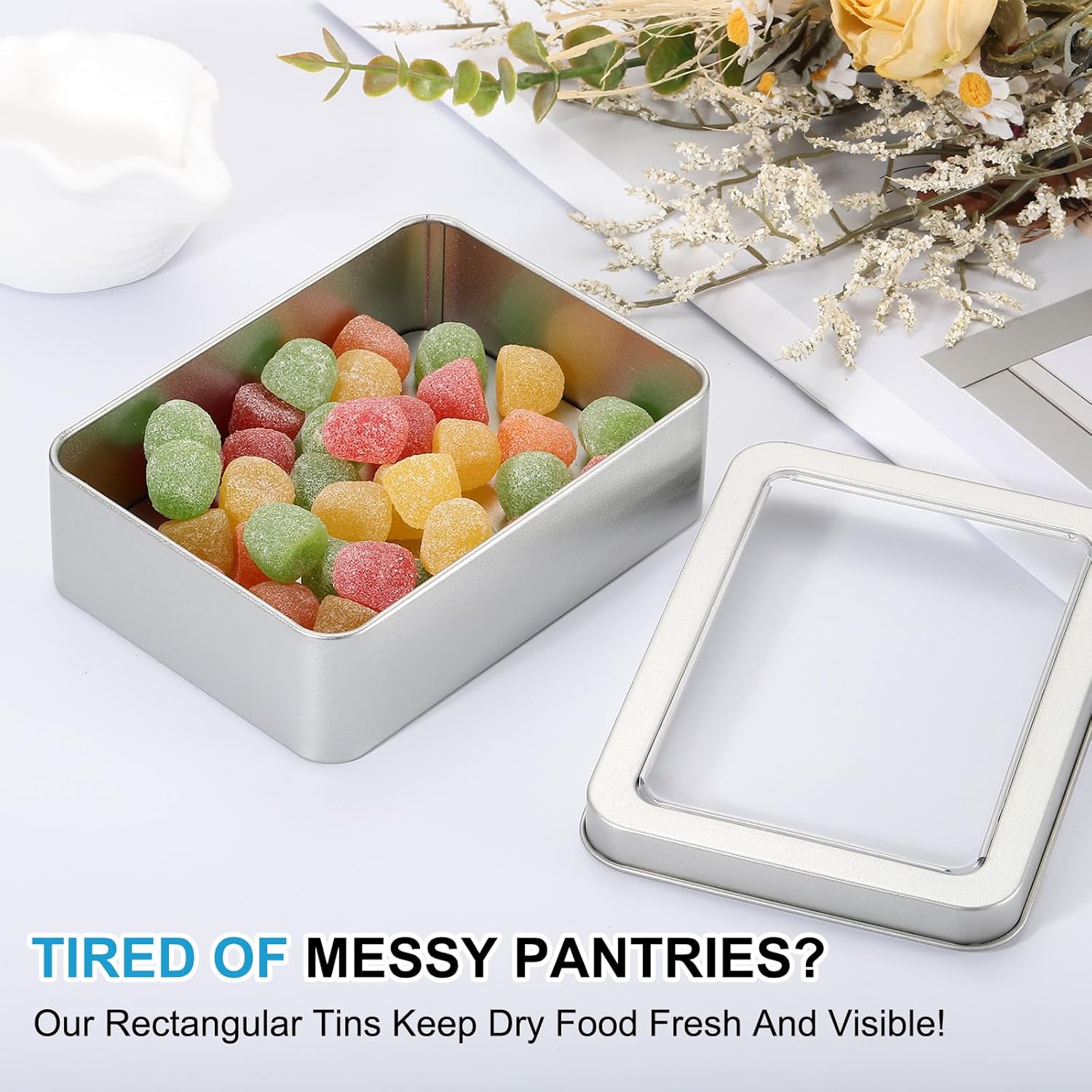 PATIKIL Metal Tin Box, 5.1 x 3.7 x 1.9 Inch Rectangular Storage Tin Box with Lid Portable Tinplate Container with Window for Home Organizer Crafts Gifts Keys Cookies Cards Candles Storage