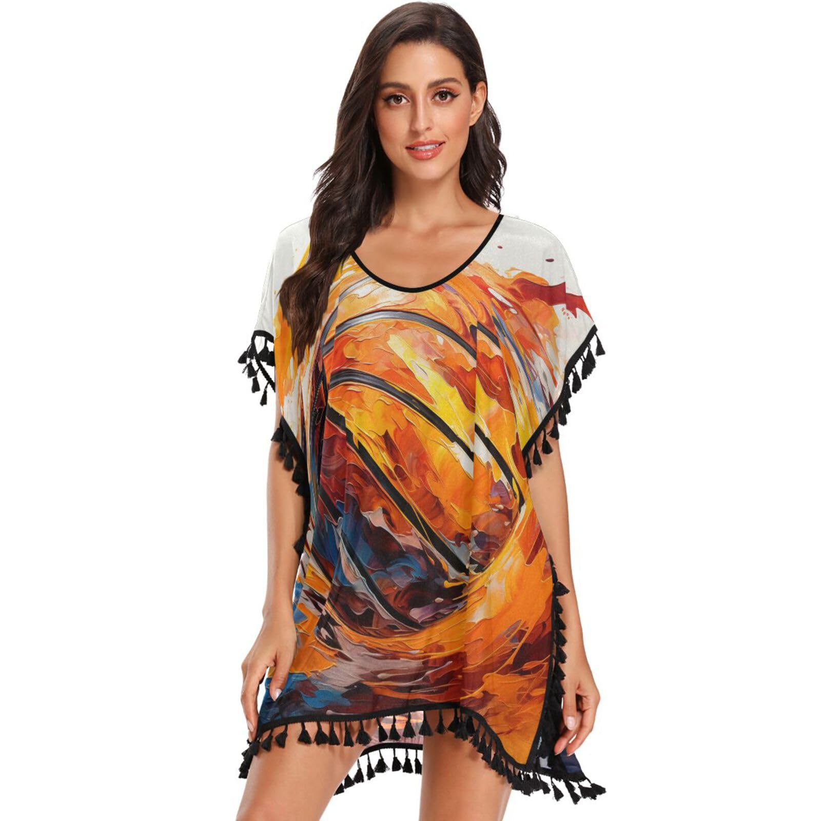 Fire Basketball Art Women's Beach Cover Up Chiffon Tassel Swimwear Swimsuit Coverups for Girl