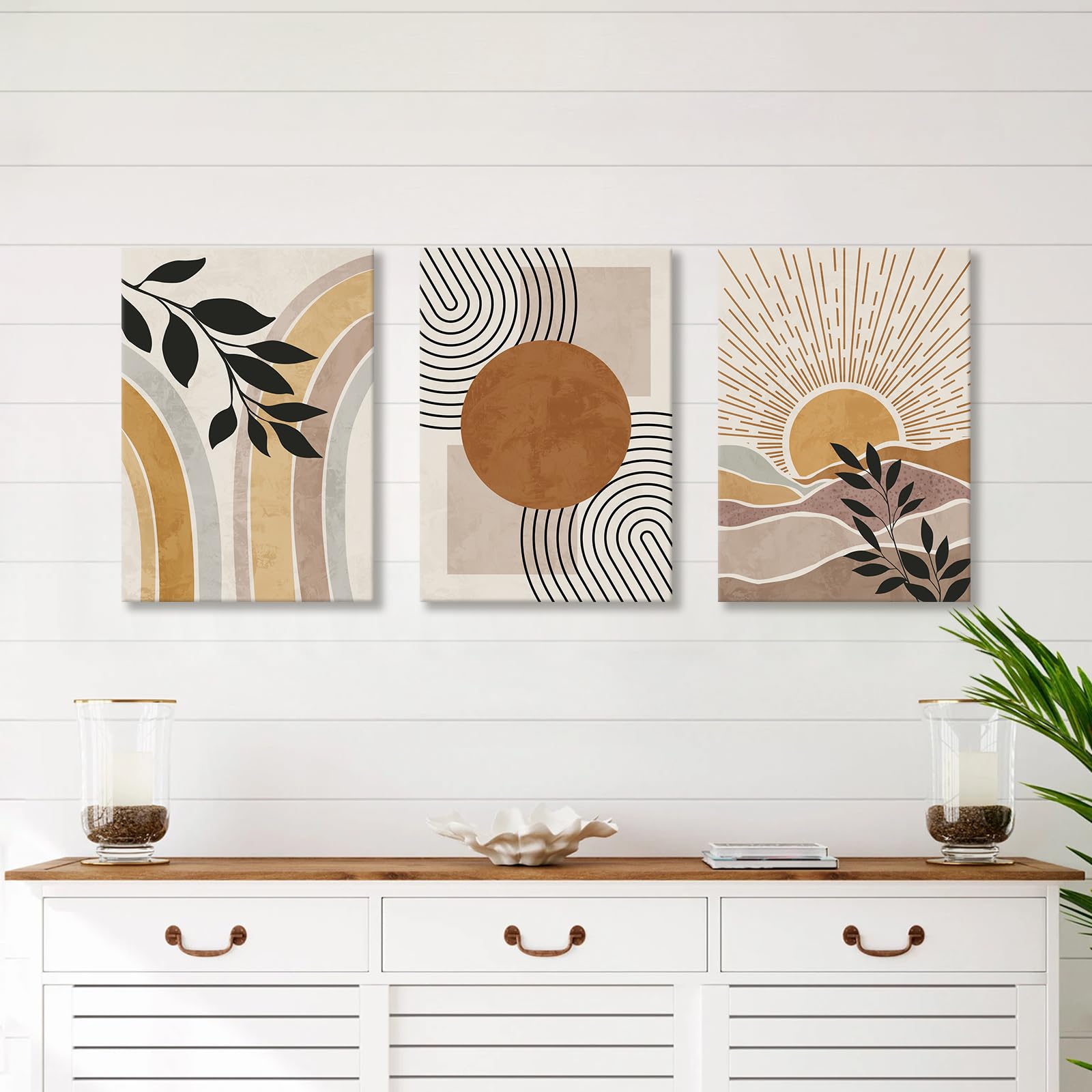 3 Pcs Wooden Framed Canvas Wall Art Canvas Prints Boho Mid Century Modern Painting Bohemian Nature Plants Desert Sun Pictures for Living Room Bedroom Bathroom Hallway Wall Decor 40x60 cm x3pcs - Image 4
