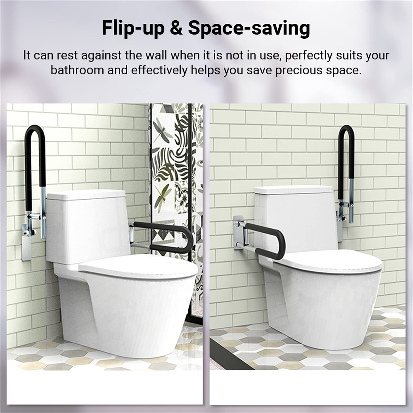 Maniglia di Supporto per Bagno, Ribaltabile e avvitabile, corrimano di Sicurezza per WC, Impugnatura ergonomica, Accessorio per l'assistenza domiciliare, Barra Antiscivolo (Nera)